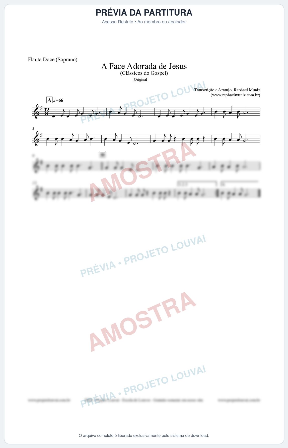 Prévia protegida da primeira página da partitura Partitura para Flauta Doce (Soprano) - A Face Adorada de Jesus - Harpa Cristã 304 (Tom G) - Clássicos do Gospel