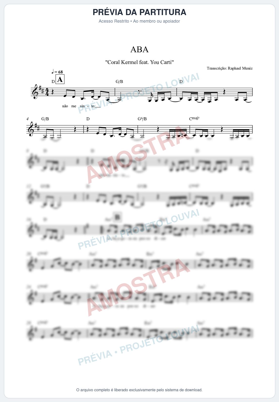 Prévia protegida da primeira página da partitura Partitura da música Aba - Kemuel - Tom D