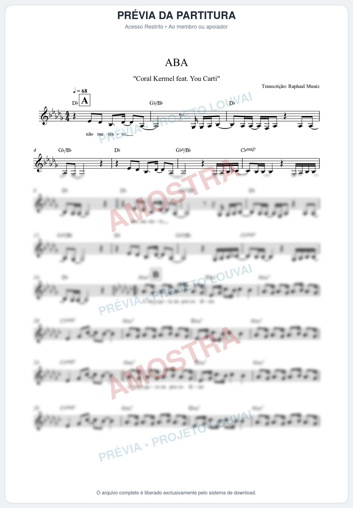 Prévia protegida da primeira página da partitura Partitura da música Aba - Kemuel - Tom Db