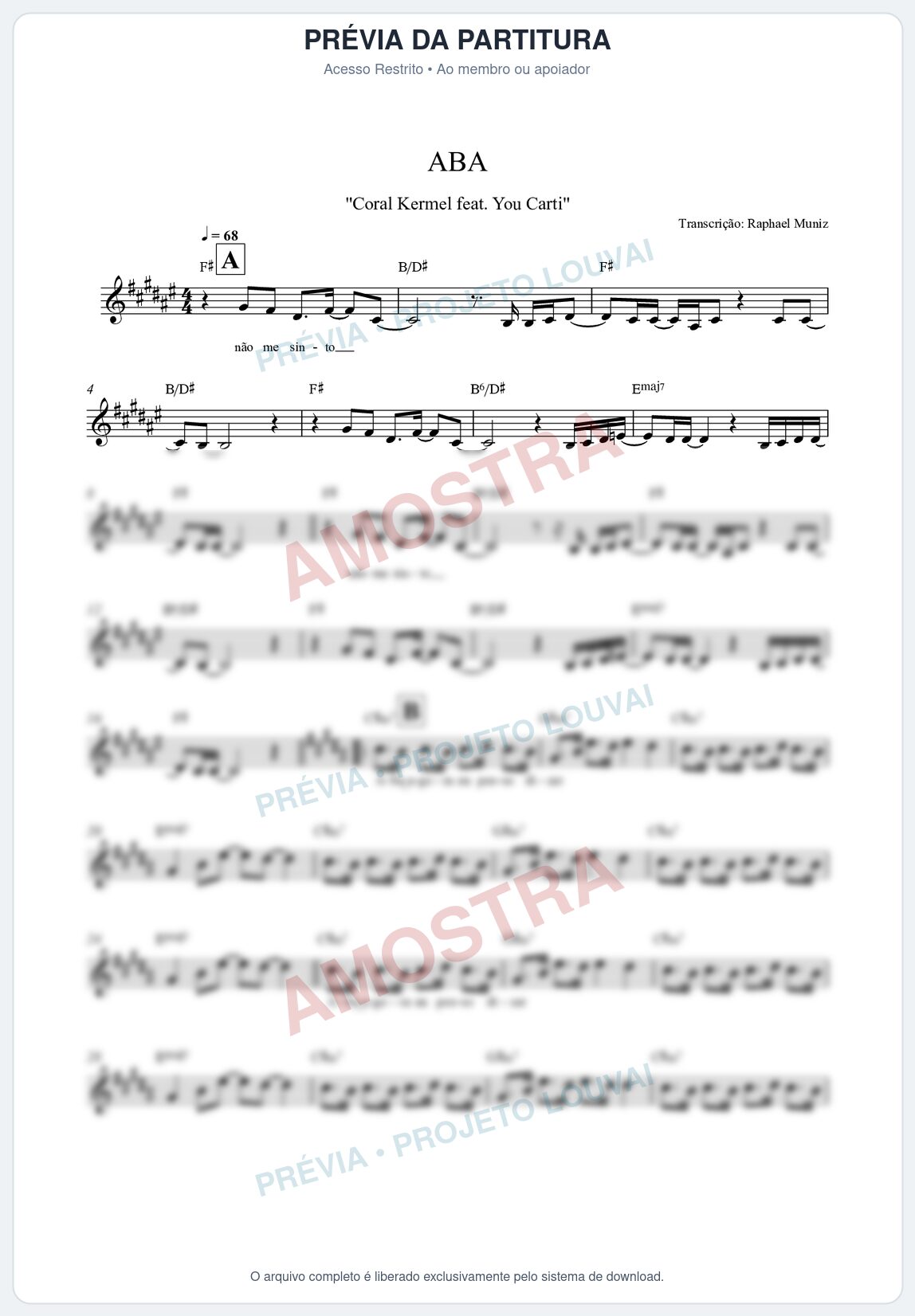 Prévia protegida da primeira página da partitura Partitura da música Aba - Kemuel - Tom F#