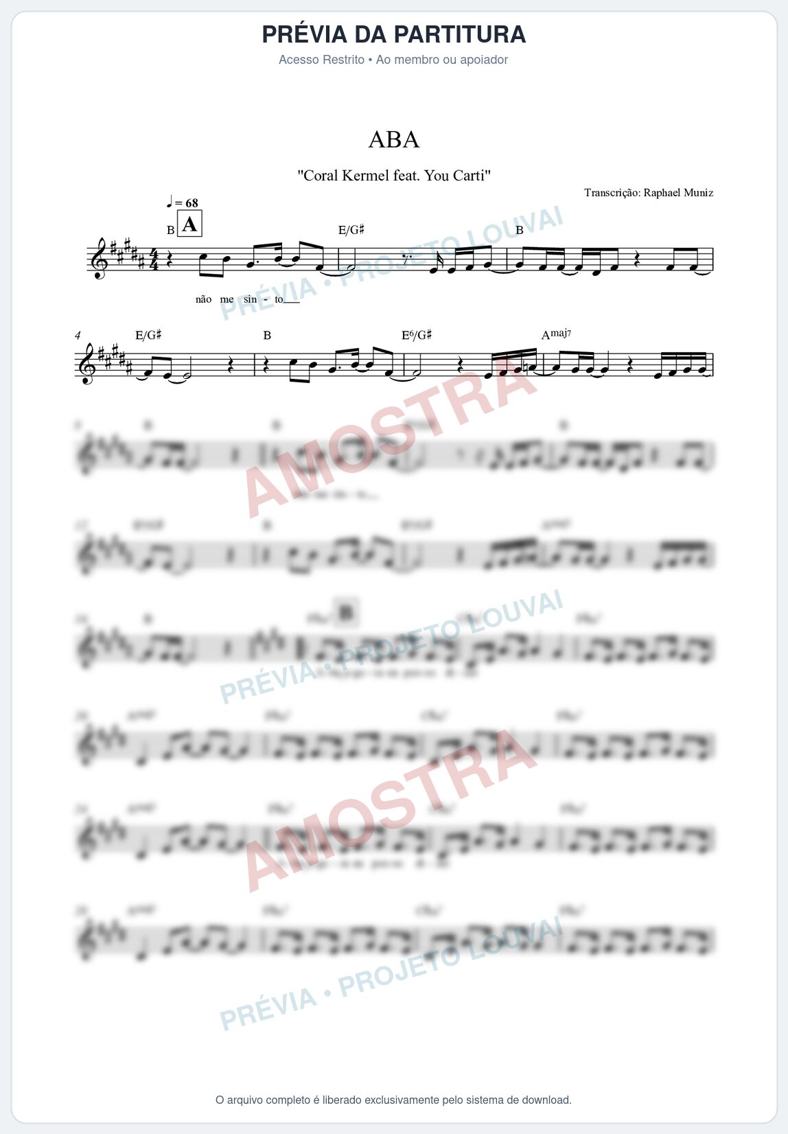 Prévia protegida da primeira página da partitura Partitura da música Aba - Kemuel - Tom B