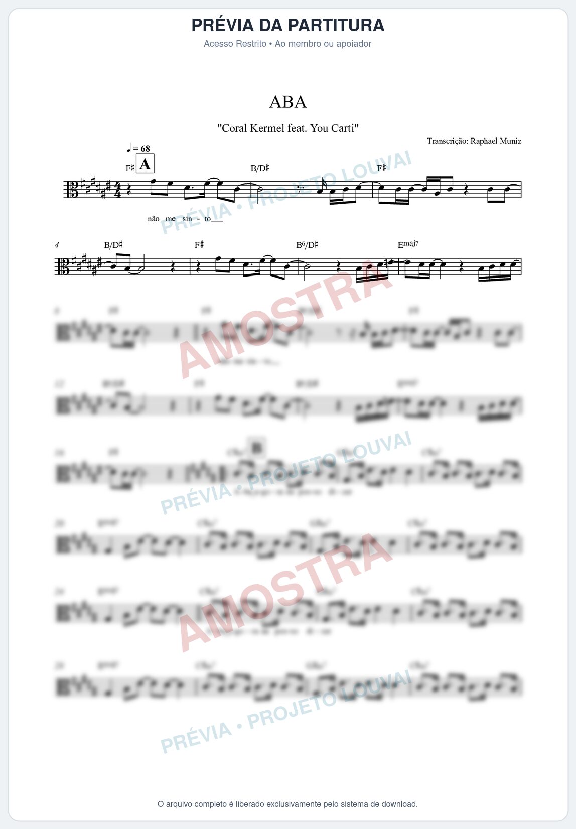 Prévia protegida da primeira página da partitura Partitura da música Aba - Kemuel - Tom F#