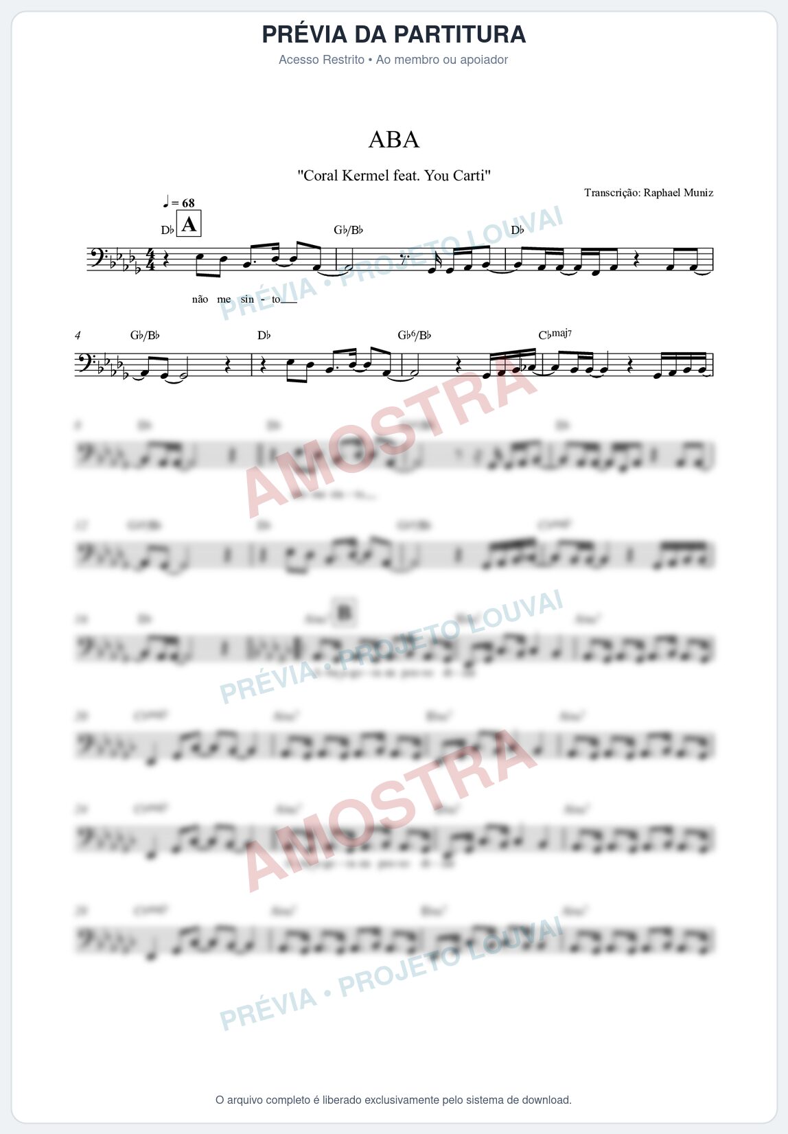 Prévia protegida da primeira página da partitura Partitura da música Aba - Kemuel - Tom Db