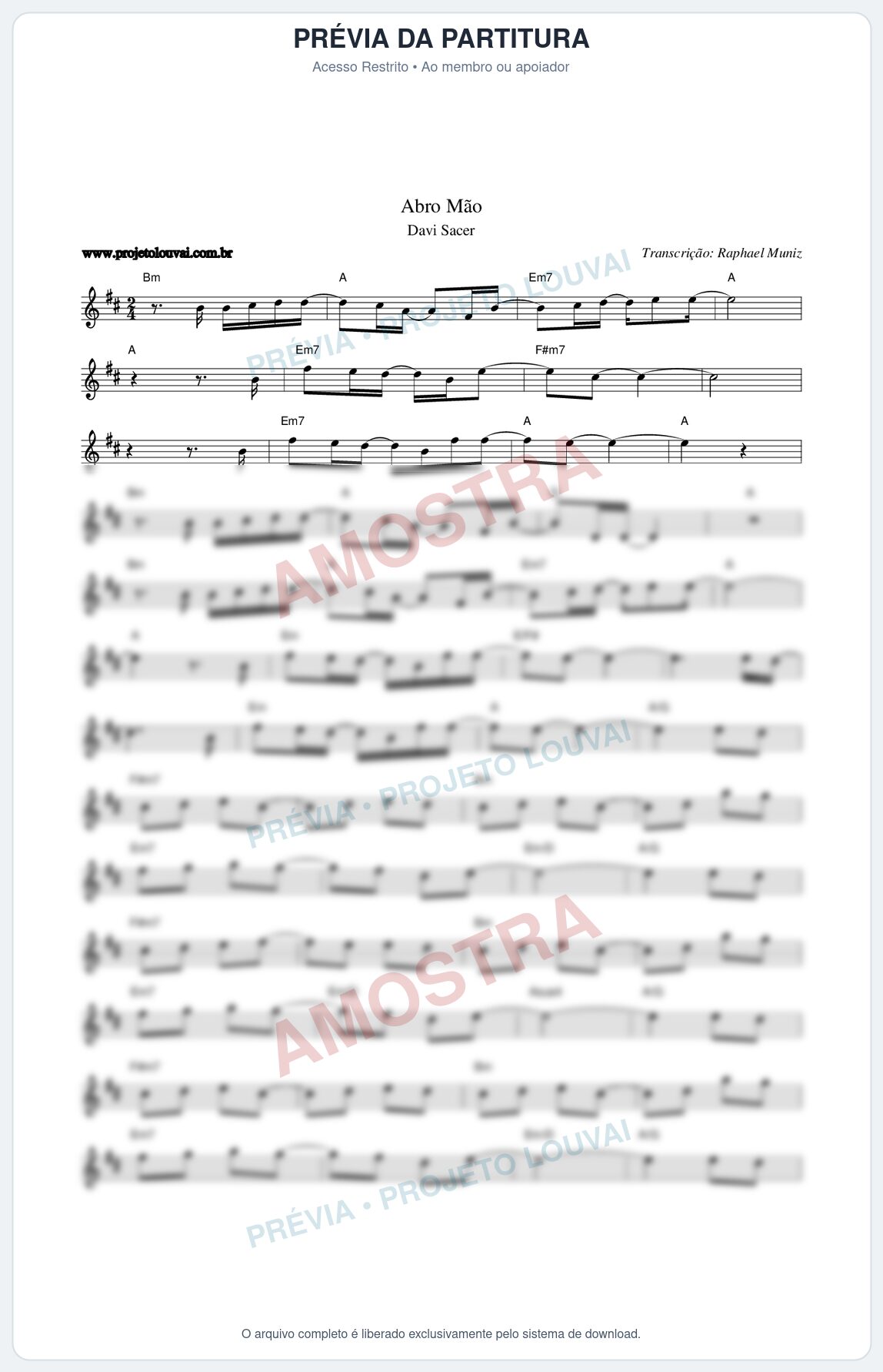 Prévia protegida da primeira página da partitura Partitura da música Abro Mão - Davi Sacer - Tom D