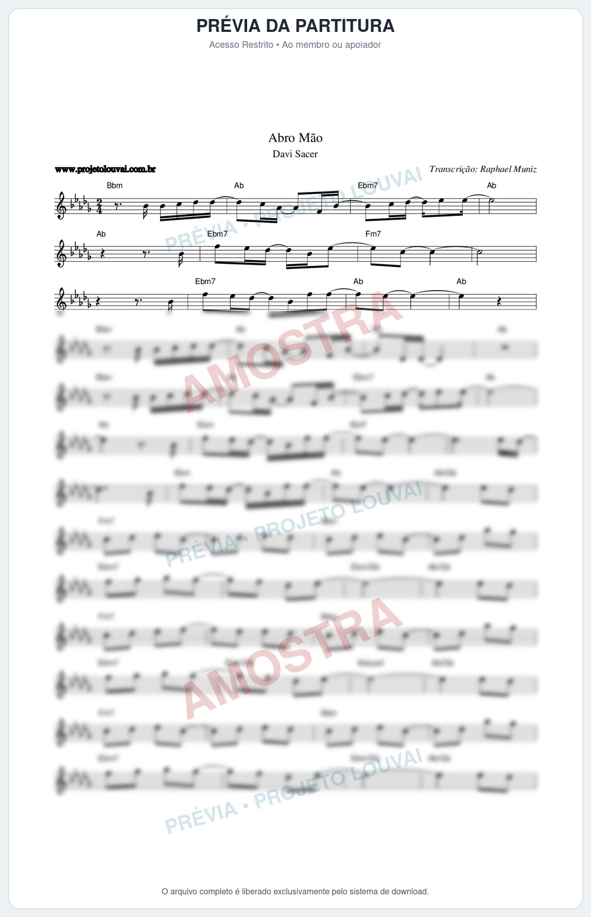 Prévia protegida da primeira página da partitura Partitura da música Abro Mão - Davi Sacer - Tom Db