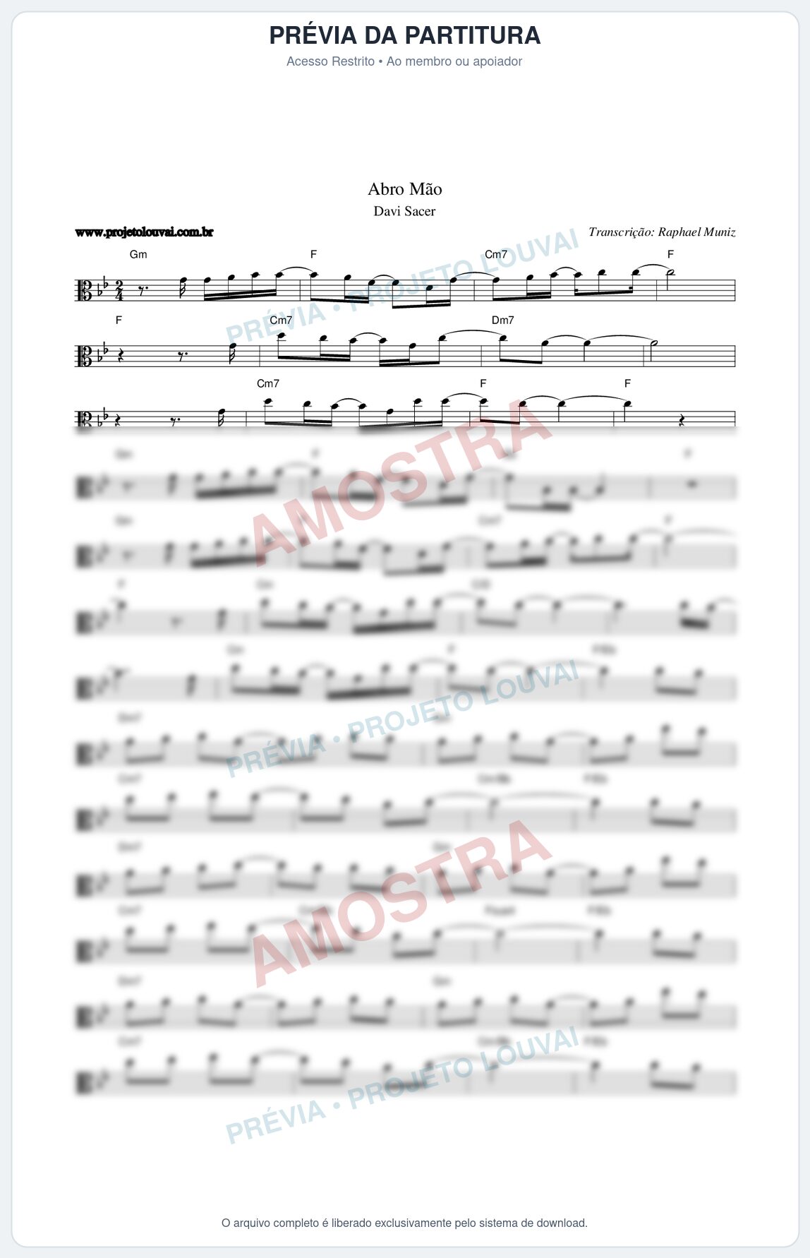 Prévia protegida da primeira página da partitura Partitura da música Abro Mão - Davi Sacer - Tom Bb