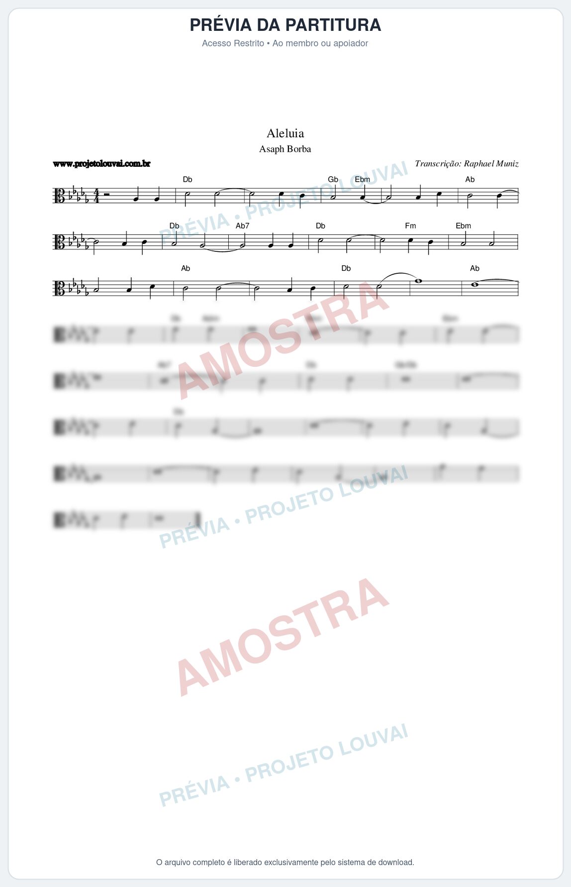 Prévia protegida da primeira página da partitura Partitura da música Aleluia - Asaph Borba - Tom Db