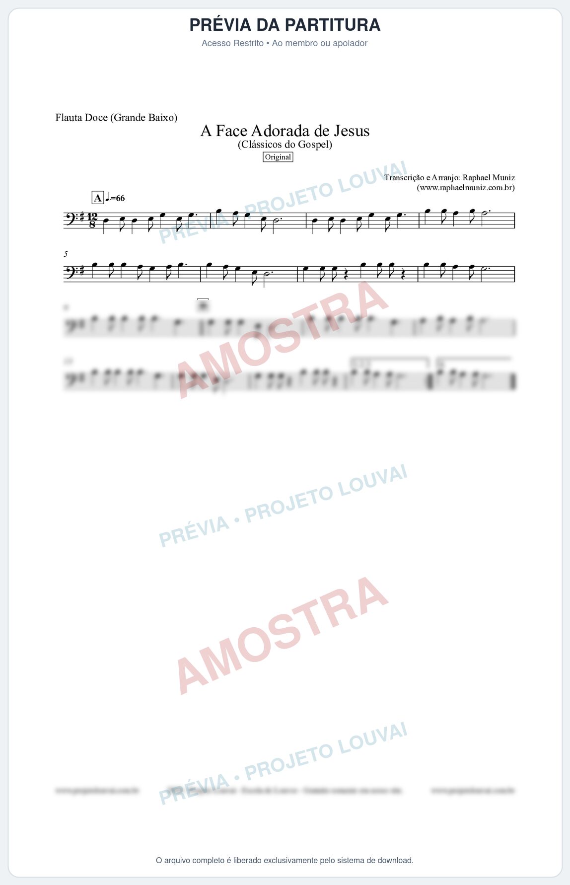 Prévia protegida da primeira página da partitura Partitura para Flauta Doce (Grande Baixo) - A Face Adorada de Jesus - Harpa Cristã 304 (Tom G) - Clássicos do Gospel