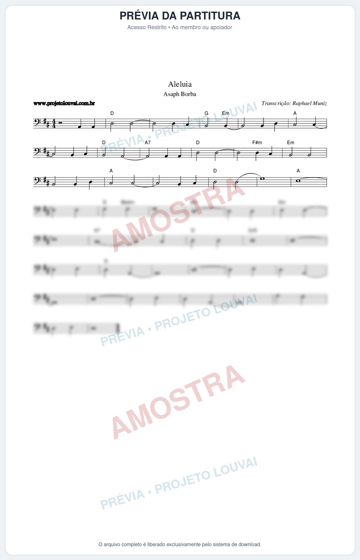Prévia protegida da primeira página da partitura Partitura da música Aleluia - Asaph Borba - Tom D