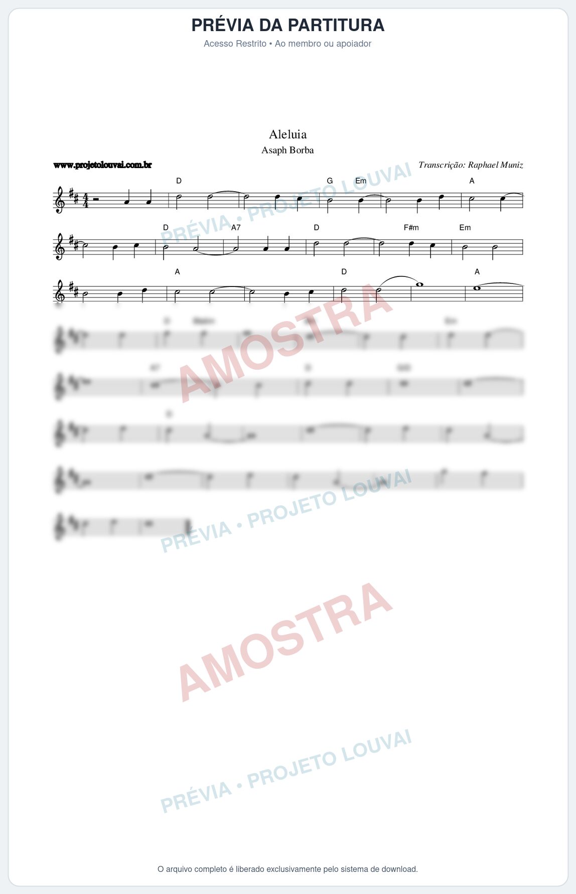 Prévia protegida da primeira página da partitura Partitura da música Aleluia - Asaph Borba - Tom D