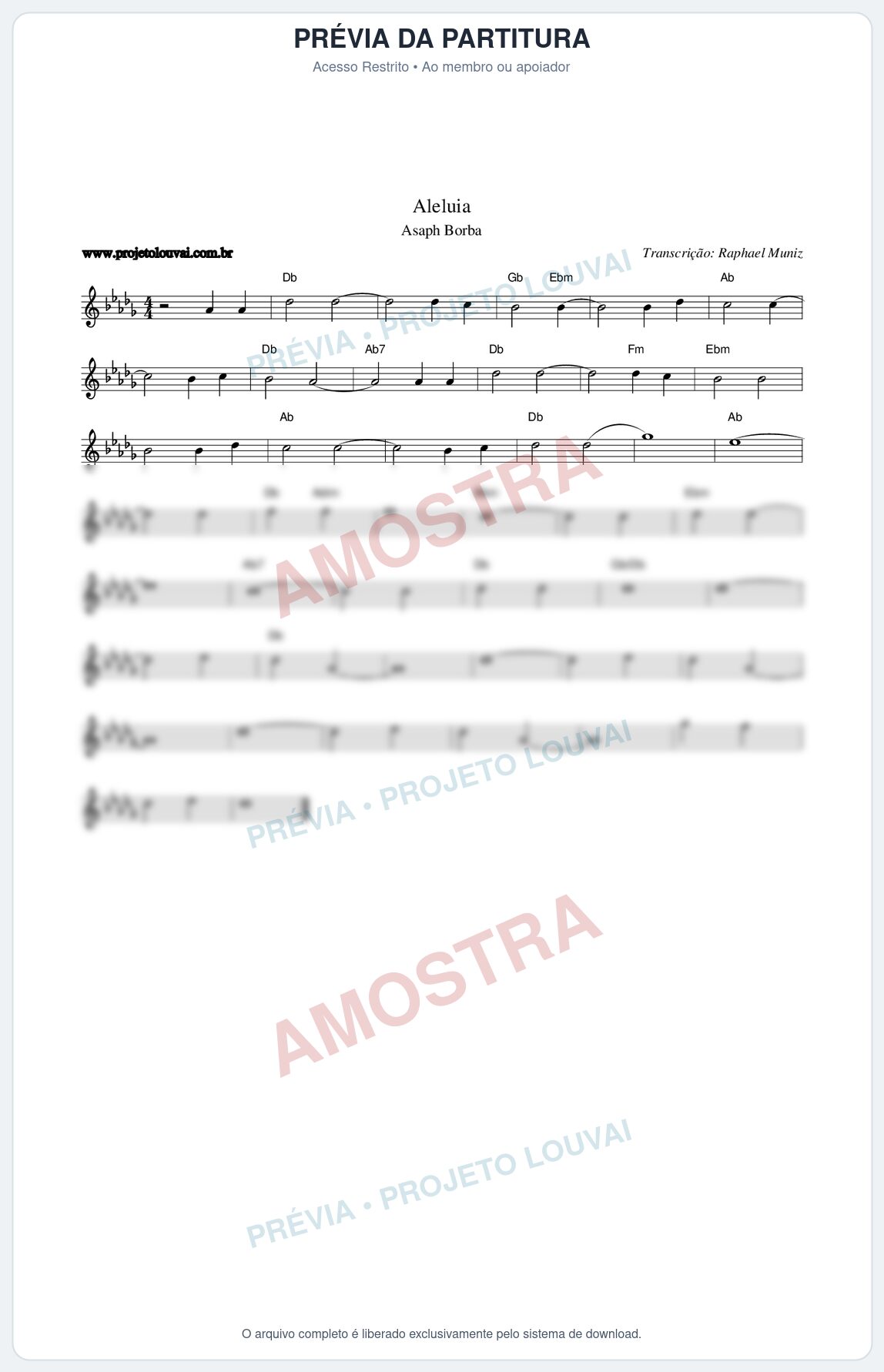 Prévia protegida da primeira página da partitura Partitura da música Aleluia - Asaph Borba - Tom Db