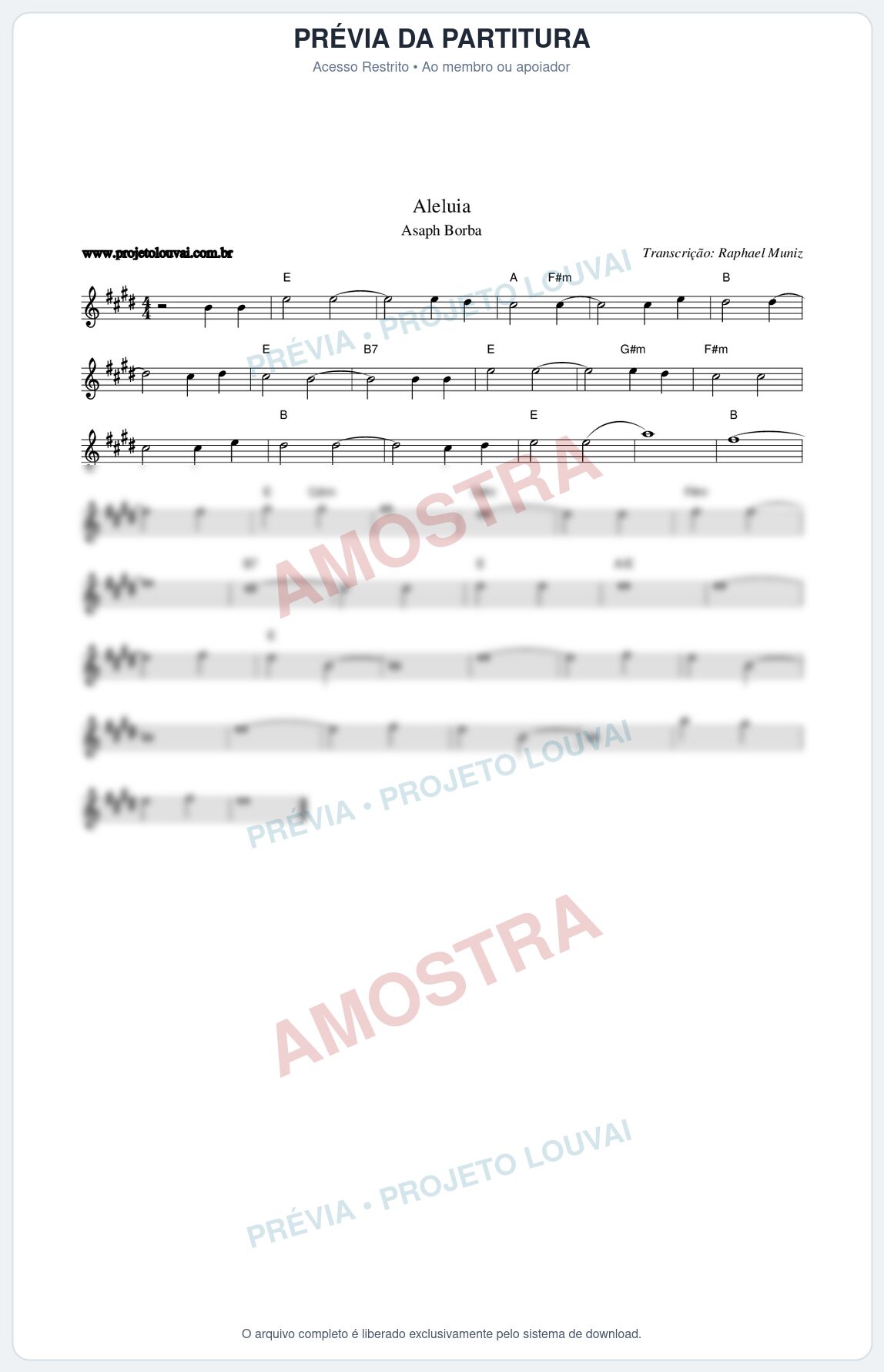 Prévia protegida da primeira página da partitura Partitura da música Aleluia - Asaph Borba - Tom E