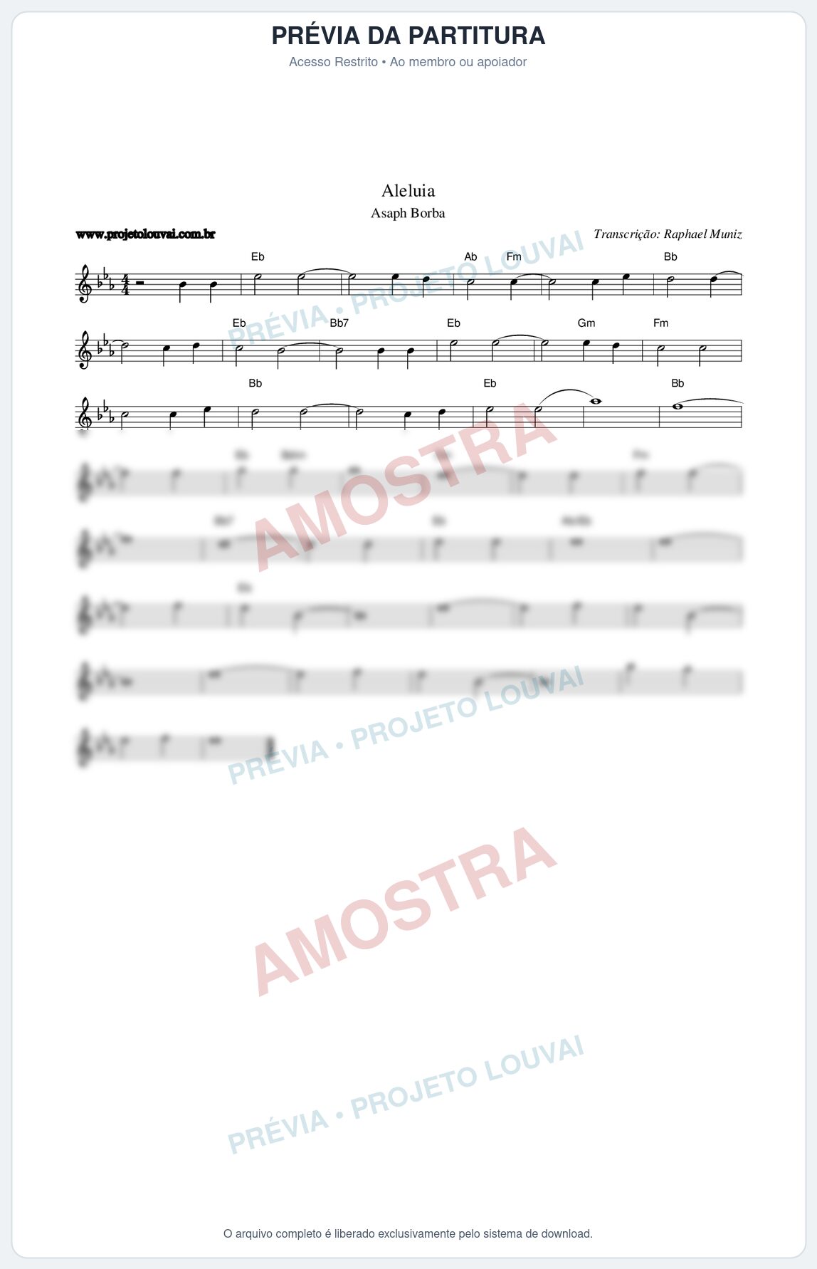 Prévia protegida da primeira página da partitura Partitura da música Aleluia - Asaph Borba - Tom Eb