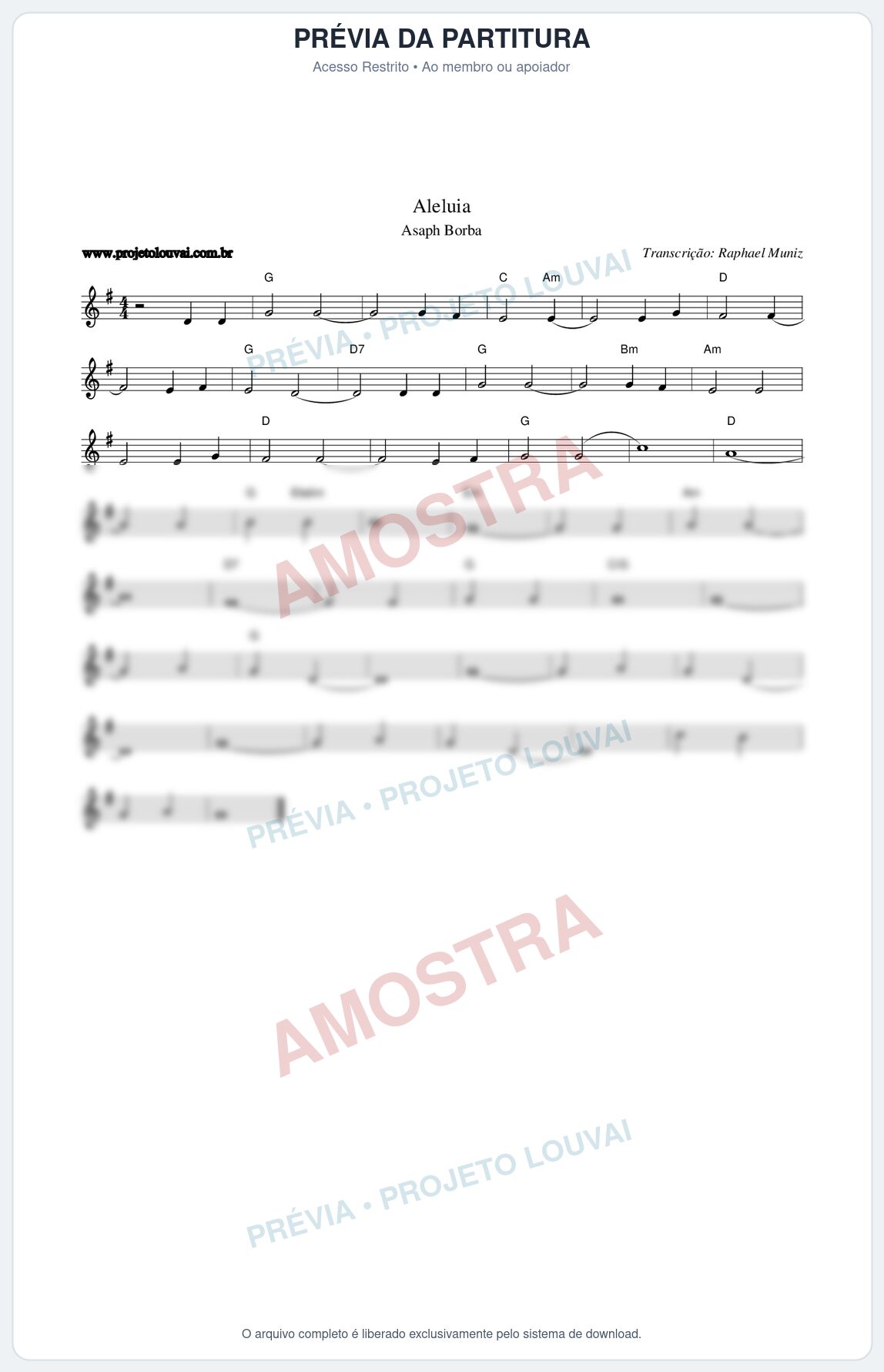 Prévia protegida da primeira página da partitura Partitura da música Aleluia - Asaph Borba - Tom G
