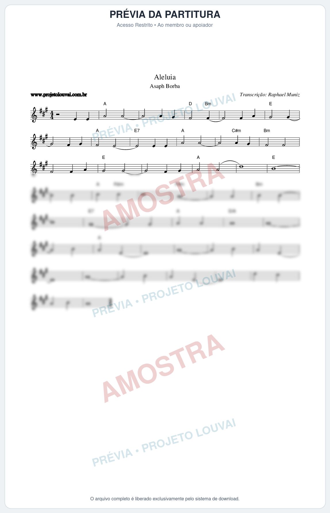 Prévia protegida da primeira página da partitura Partitura da música Aleluia - Asaph Borba - Tom A