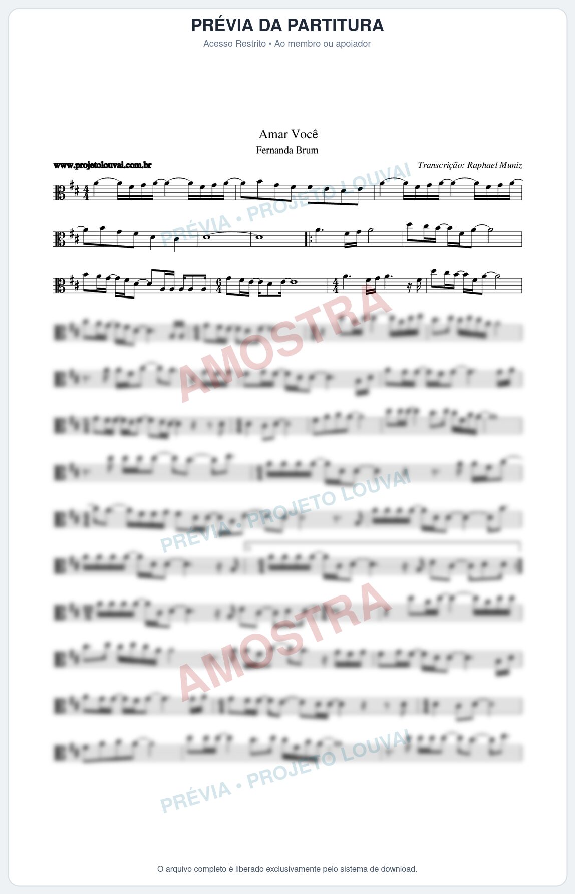 Prévia protegida da primeira página da partitura Partitura da música Amar Você - Fernanda Brum - Tom D