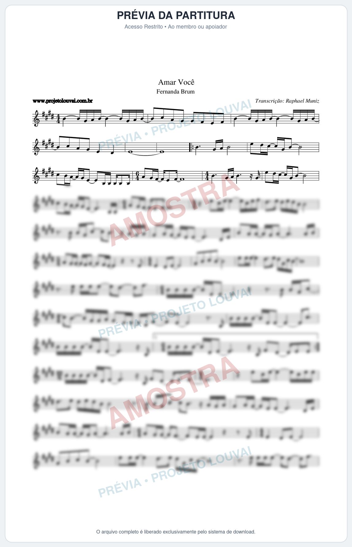 Prévia protegida da primeira página da partitura Partitura da música Amar Você - Fernanda Brum - Tom E