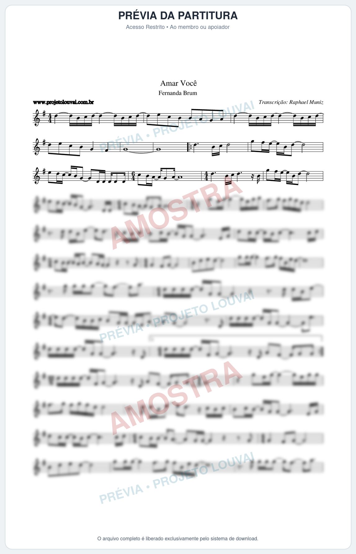 Prévia protegida da primeira página da partitura Partitura da música Amar Você - Fernanda Brum - Tom G