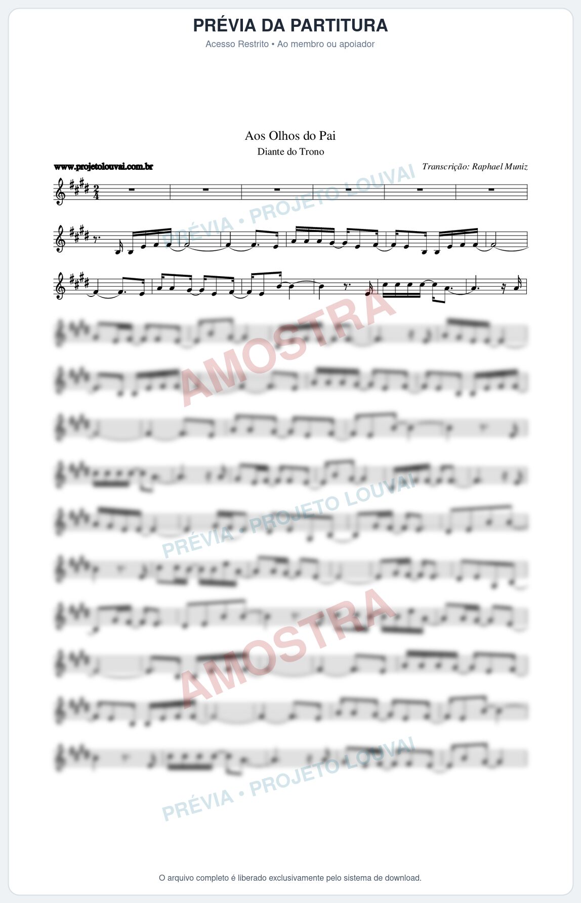 Prévia protegida da primeira página da partitura Partitura da música Aos Olhos do Pai - Diante do Trono - Tom E