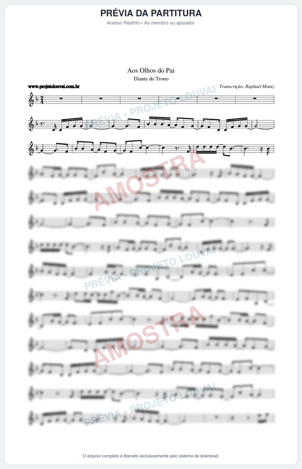 Prévia protegida da primeira página da partitura Partitura da música Aos Olhos do Pai - Diante do Trono - Tom F