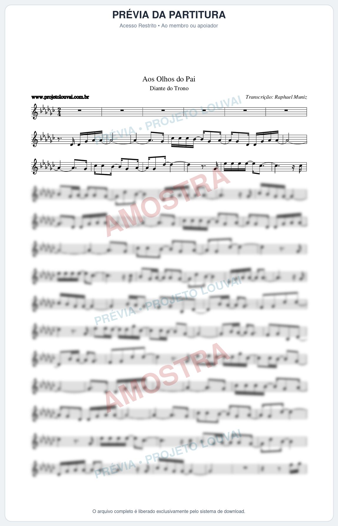 Prévia protegida da primeira página da partitura Partitura da música Aos Olhos do Pai - Diante do Trono - Tom Gb