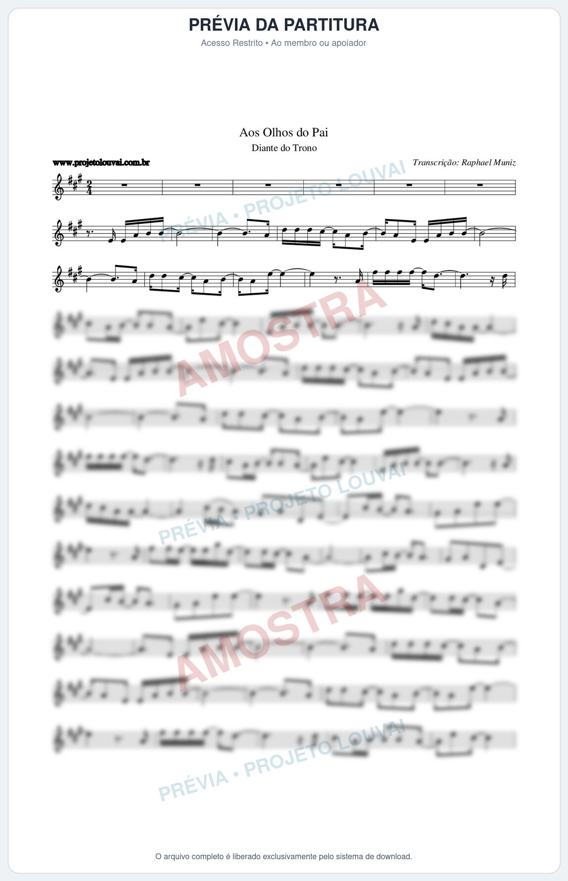 Prévia protegida da primeira página da partitura Partitura da música Aos Olhos do Pai - Diante do Trono - Tom A