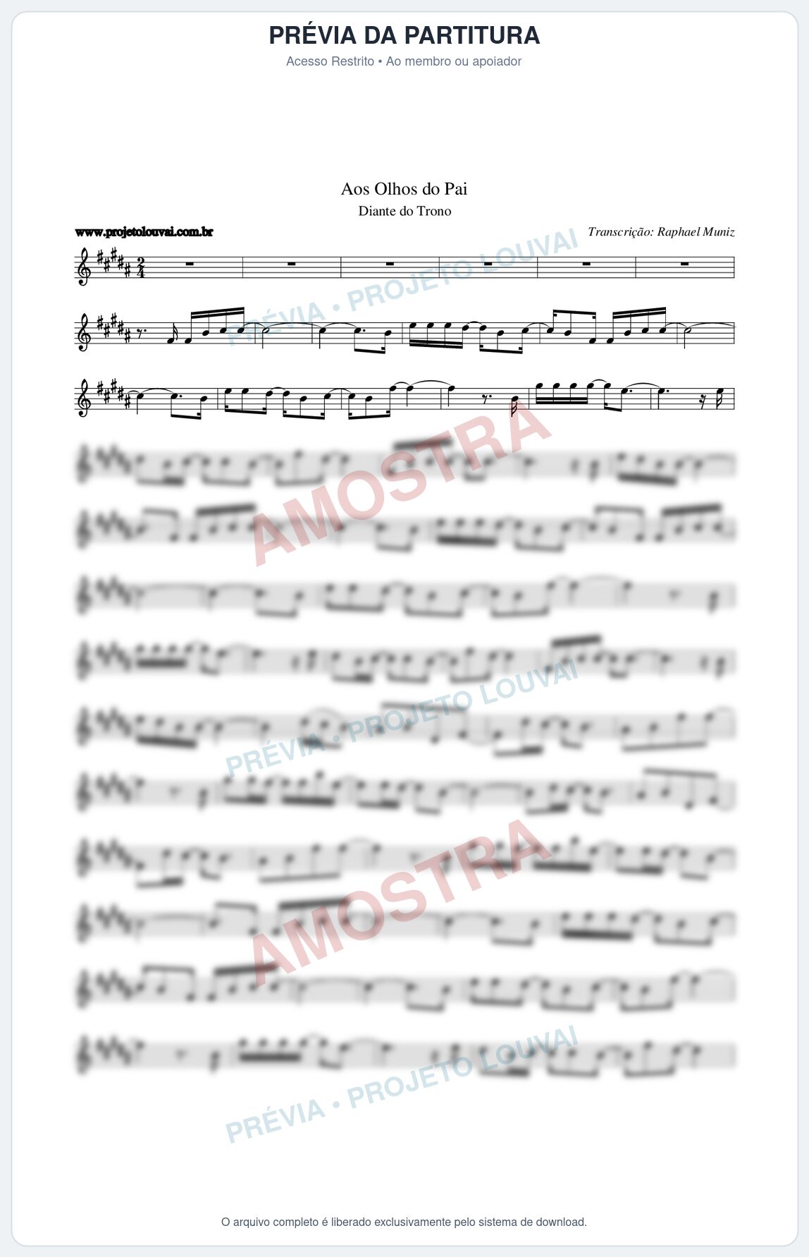 Prévia protegida da primeira página da partitura Partitura da música Aos Olhos do Pai - Diante do Trono - Tom B