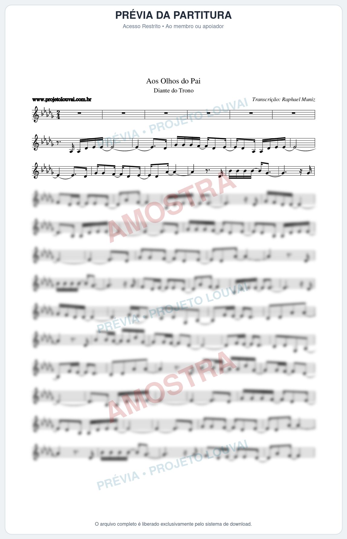 Prévia protegida da primeira página da partitura Partitura da música Aos Olhos do Pai - Diante do Trono - Tom Db