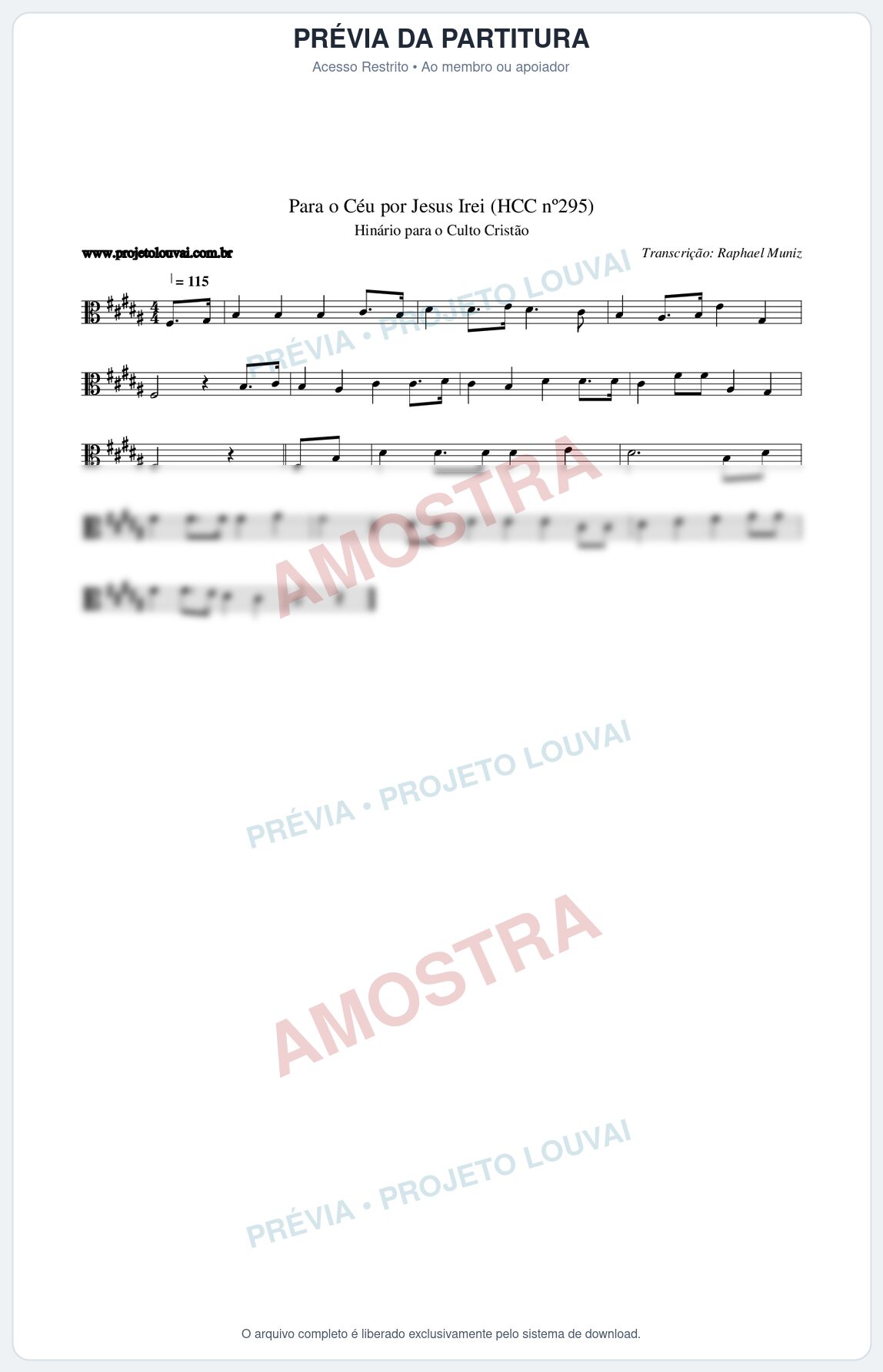 Prévia protegida da primeira página da partitura Partitura da música Para o Céu por Jesus Irei (HCC nº295) - Hinário para o Culto Cristão - Tom B