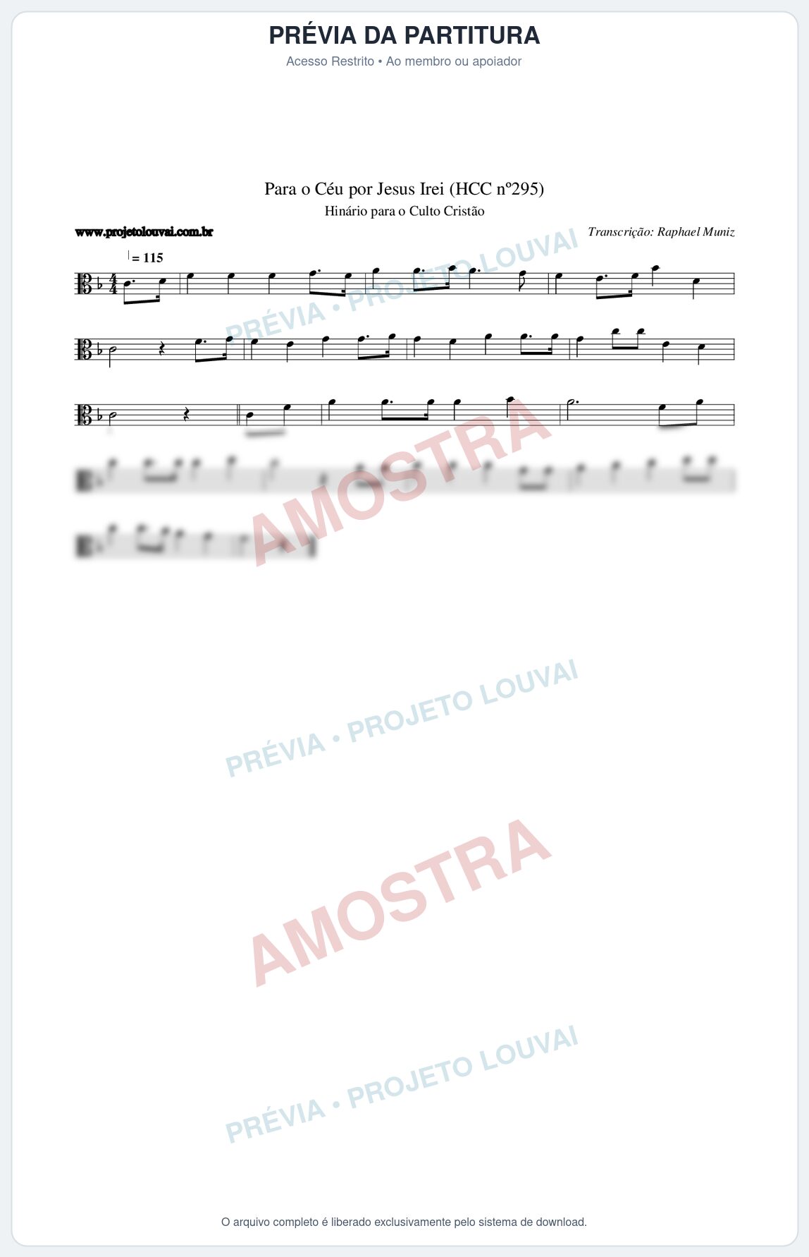 Prévia protegida da primeira página da partitura Partitura da música Para o Céu por Jesus Irei (HCC nº295) - Hinário para o Culto Cristão - Tom F