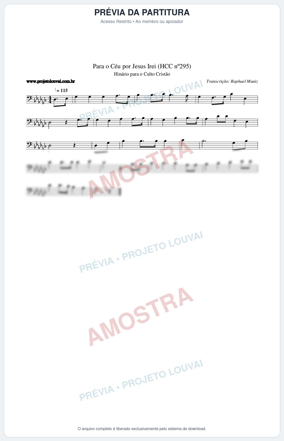 Prévia protegida da primeira página da partitura Partitura da música Para o Céu por Jesus Irei (HCC nº295) - Hinário para o Culto Cristão - Tom Gb