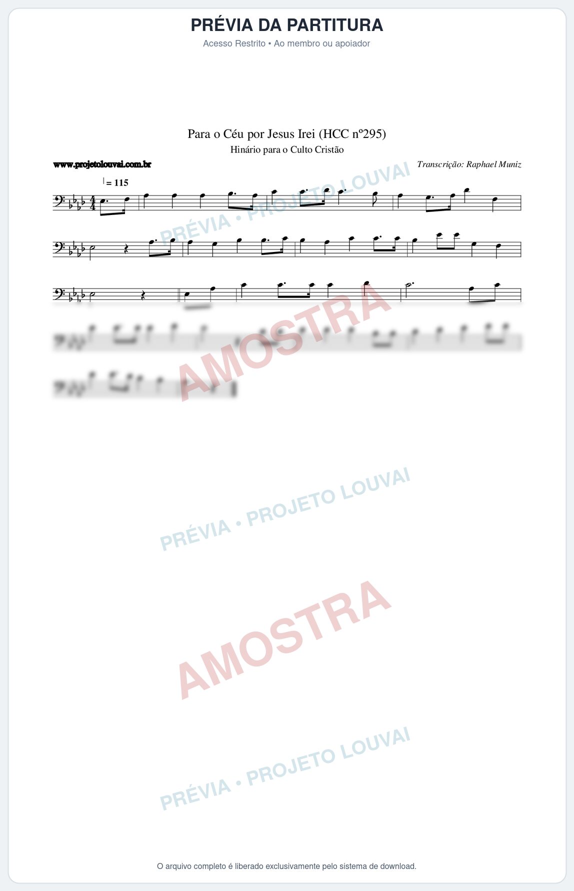 Prévia protegida da primeira página da partitura Partitura da música Para o Céu por Jesus Irei (HCC nº295) - Hinário para o Culto Cristão - Tom Ab
