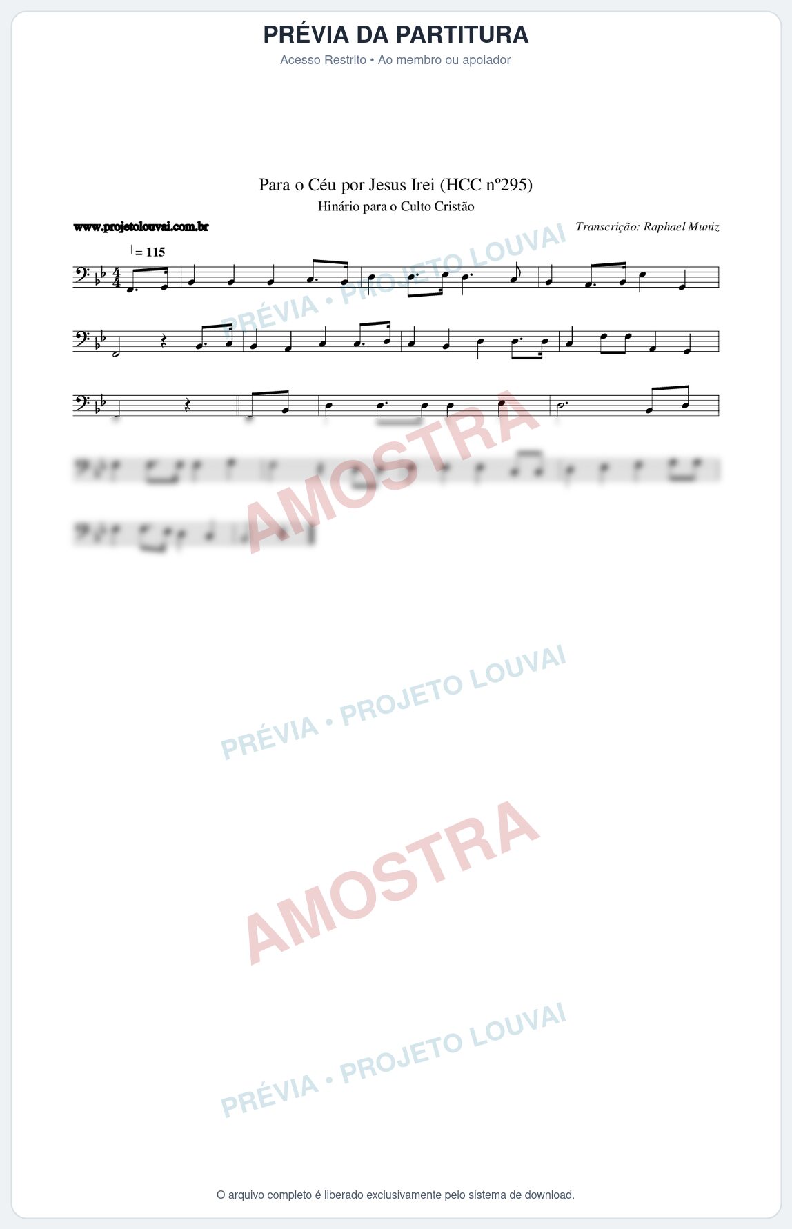 Prévia protegida da primeira página da partitura Partitura da música Para o Céu por Jesus Irei (HCC nº295) - Hinário para o Culto Cristão - Tom Bb