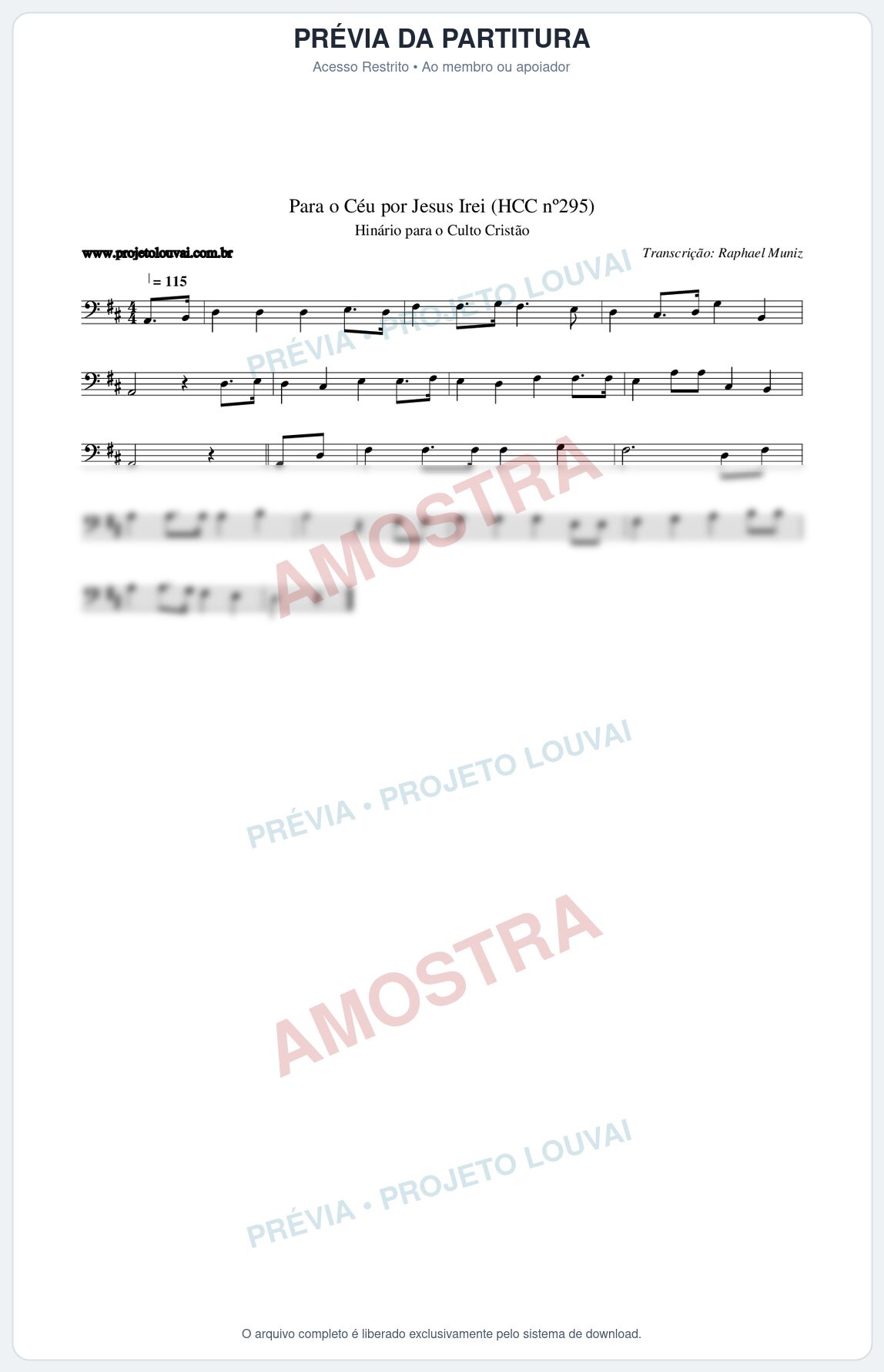 Prévia protegida da primeira página da partitura Partitura da música Para o Céu por Jesus Irei (HCC nº295) - Hinário para o Culto Cristão - Tom D