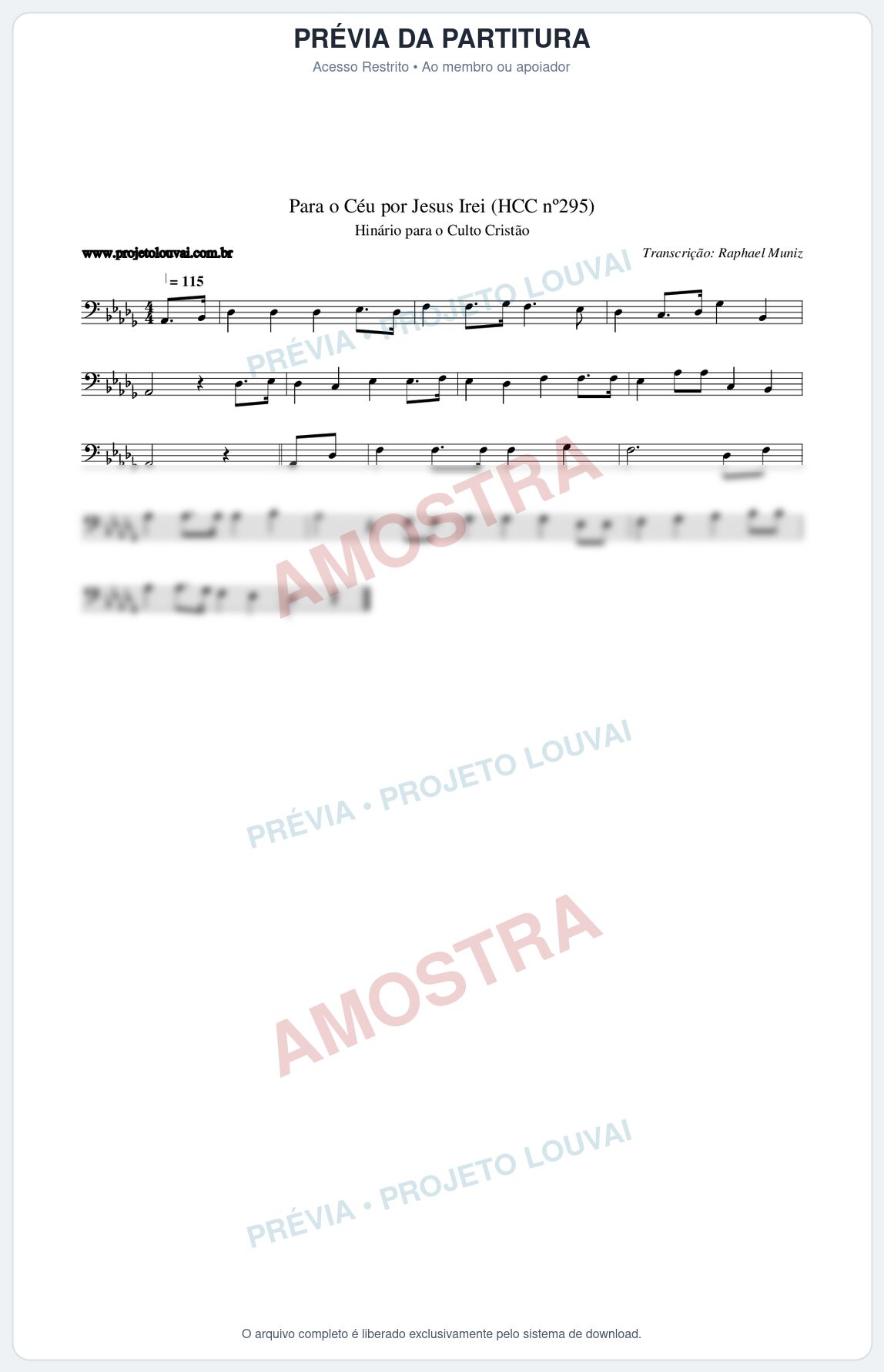 Prévia protegida da primeira página da partitura Partitura da música Para o Céu por Jesus Irei (HCC nº295) - Hinário para o Culto Cristão - Tom Db