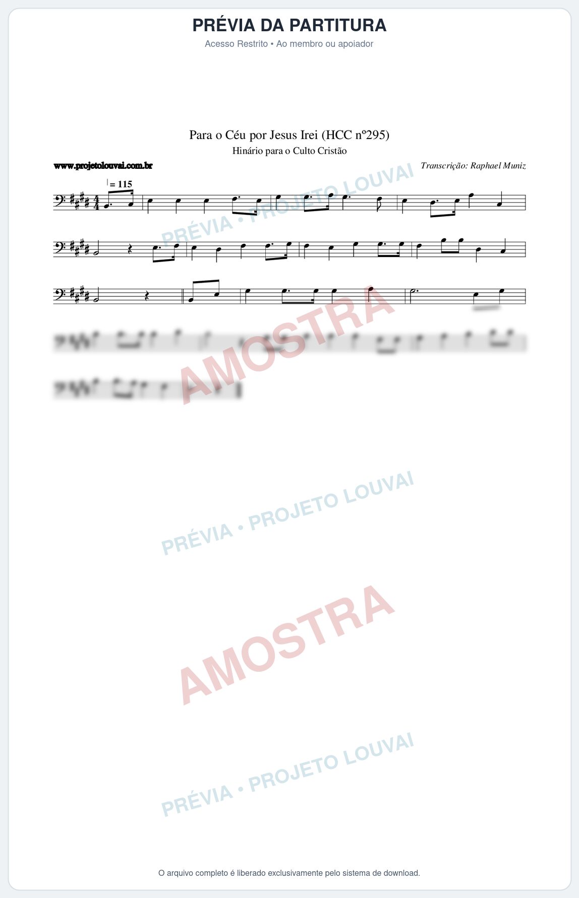 Prévia protegida da primeira página da partitura Partitura da música Para o Céu por Jesus Irei (HCC nº295) - Hinário para o Culto Cristão - Tom E