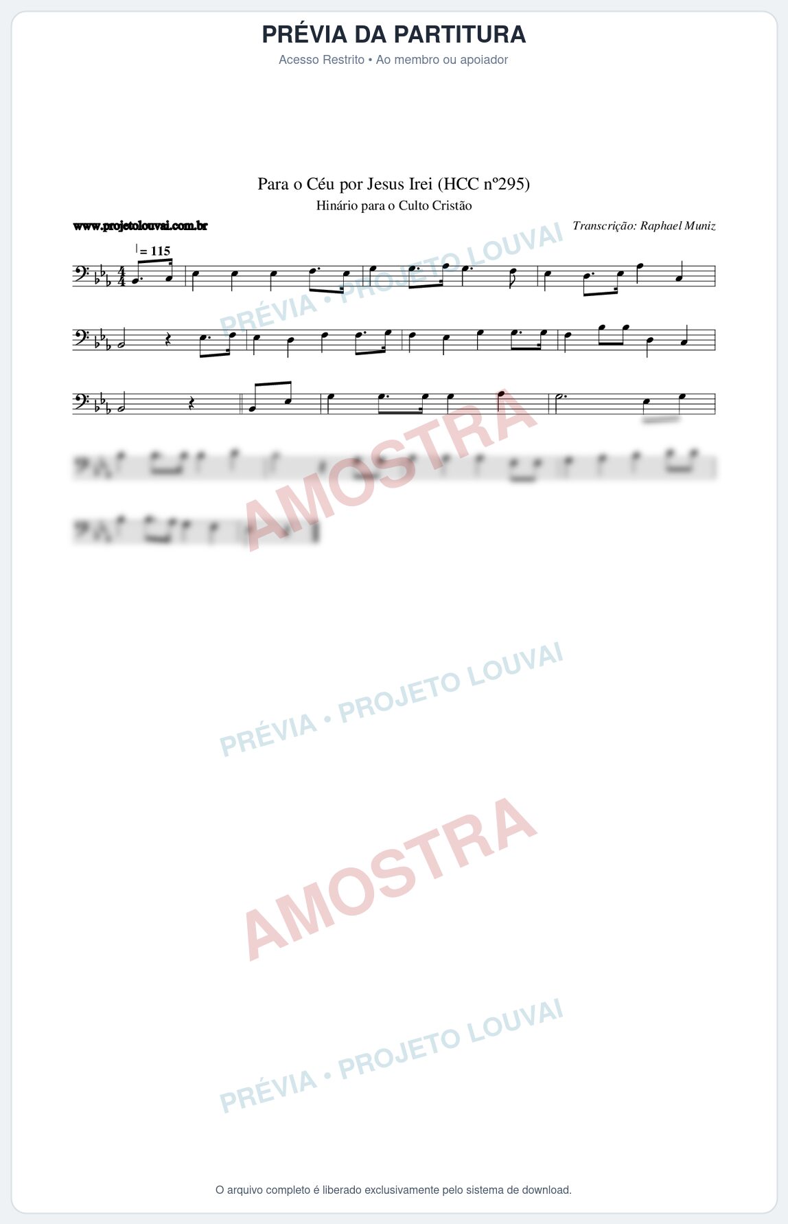 Prévia protegida da primeira página da partitura Partitura da música Para o Céu por Jesus Irei (HCC nº295) - Hinário para o Culto Cristão - Tom Eb