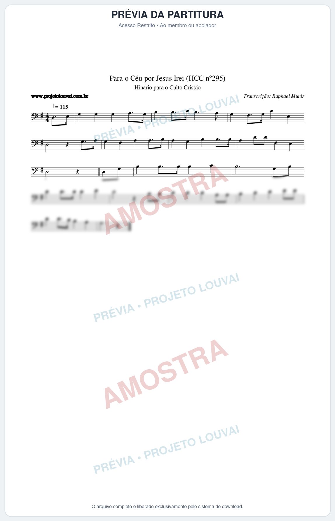 Prévia protegida da primeira página da partitura Partitura da música Para o Céu por Jesus Irei (HCC nº295) - Hinário para o Culto Cristão - Tom G