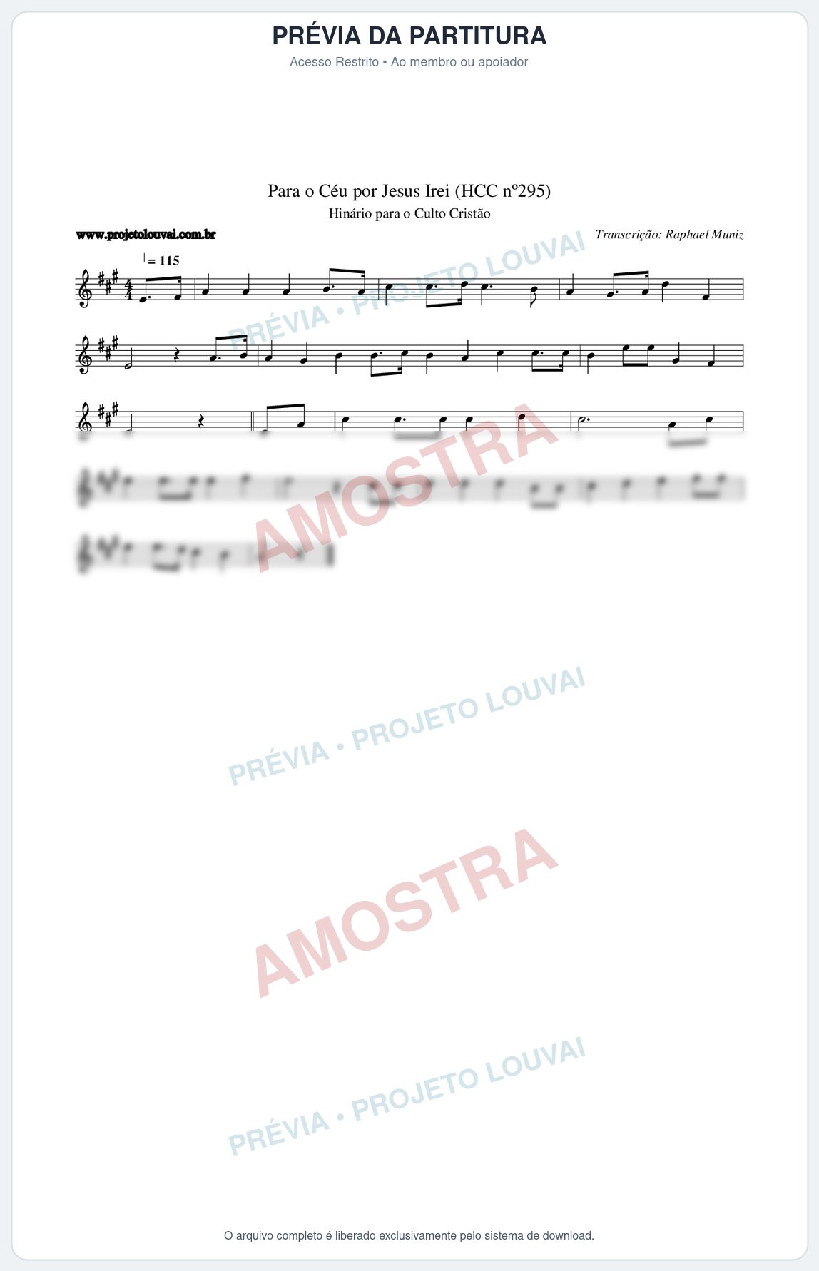 Prévia protegida da primeira página da partitura Partitura da música Para o Céu por Jesus Irei (HCC nº295) - Hinário para o Culto Cristão - Tom A