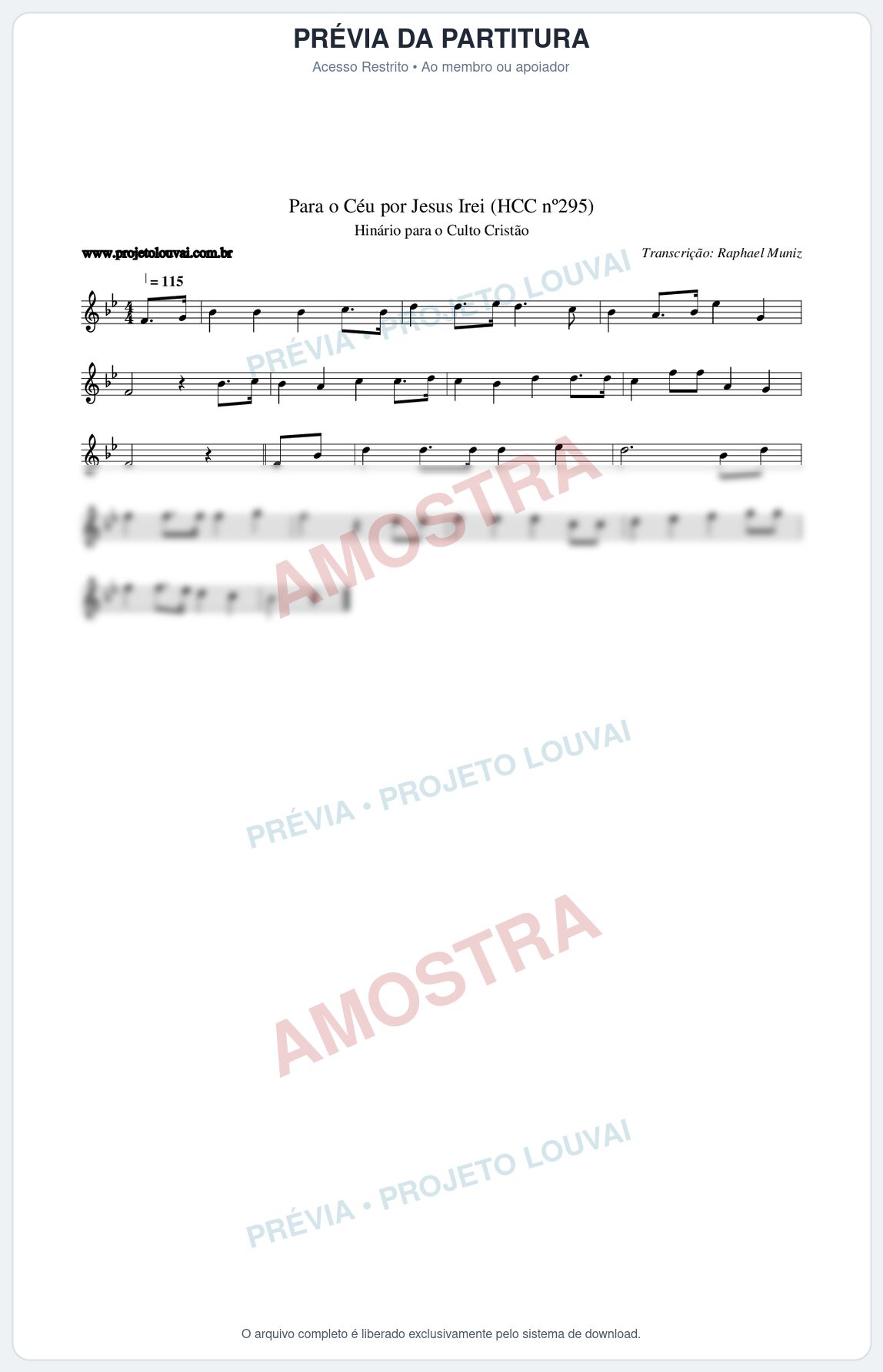 Prévia protegida da primeira página da partitura Partitura da música Para o Céu por Jesus Irei (HCC nº295) - Hinário para o Culto Cristão - Tom Bb