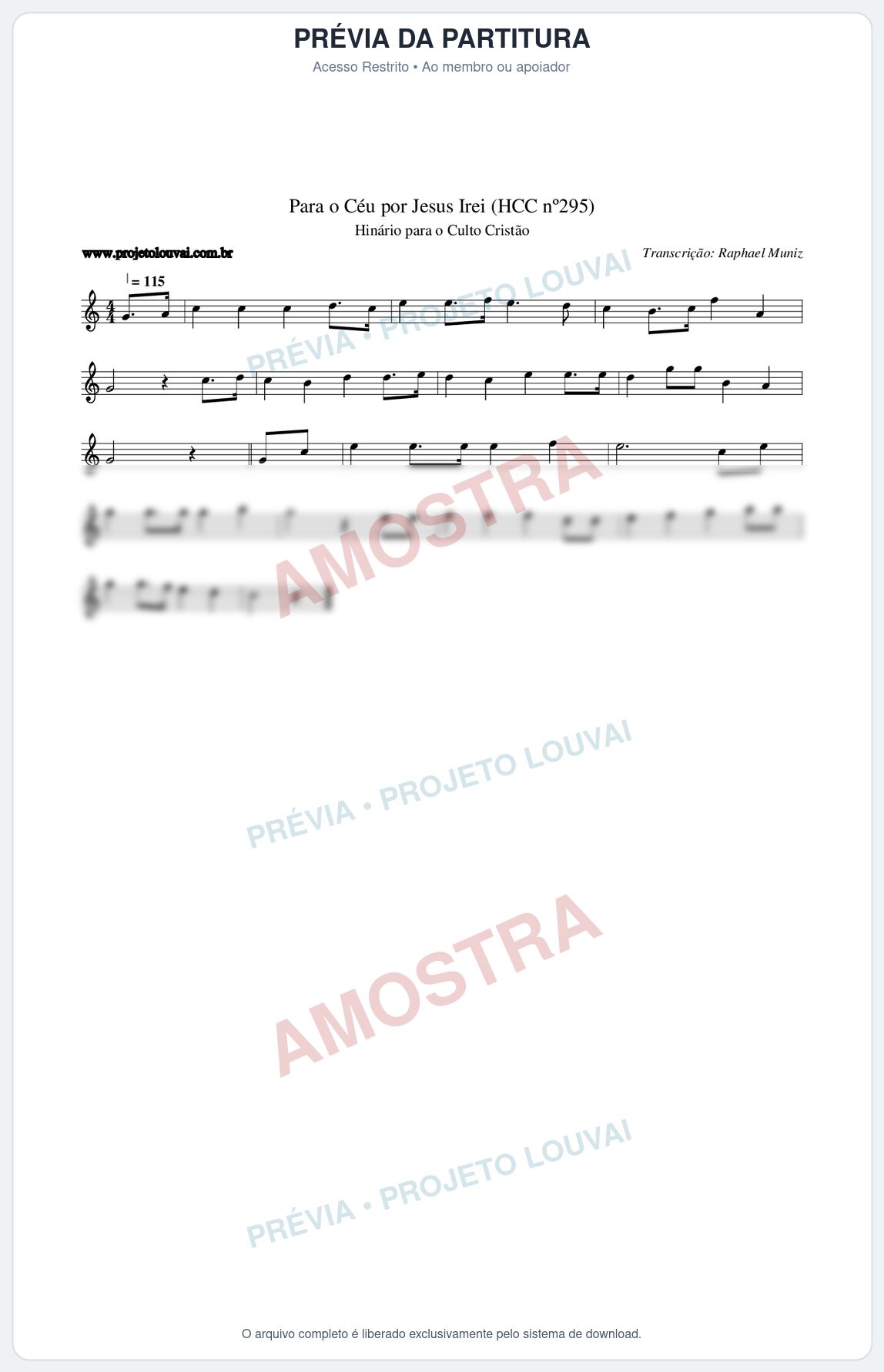 Prévia protegida da primeira página da partitura Partitura da música Para o Céu por Jesus Irei (HCC nº295) - Hinário para o Culto Cristão - Tom C
