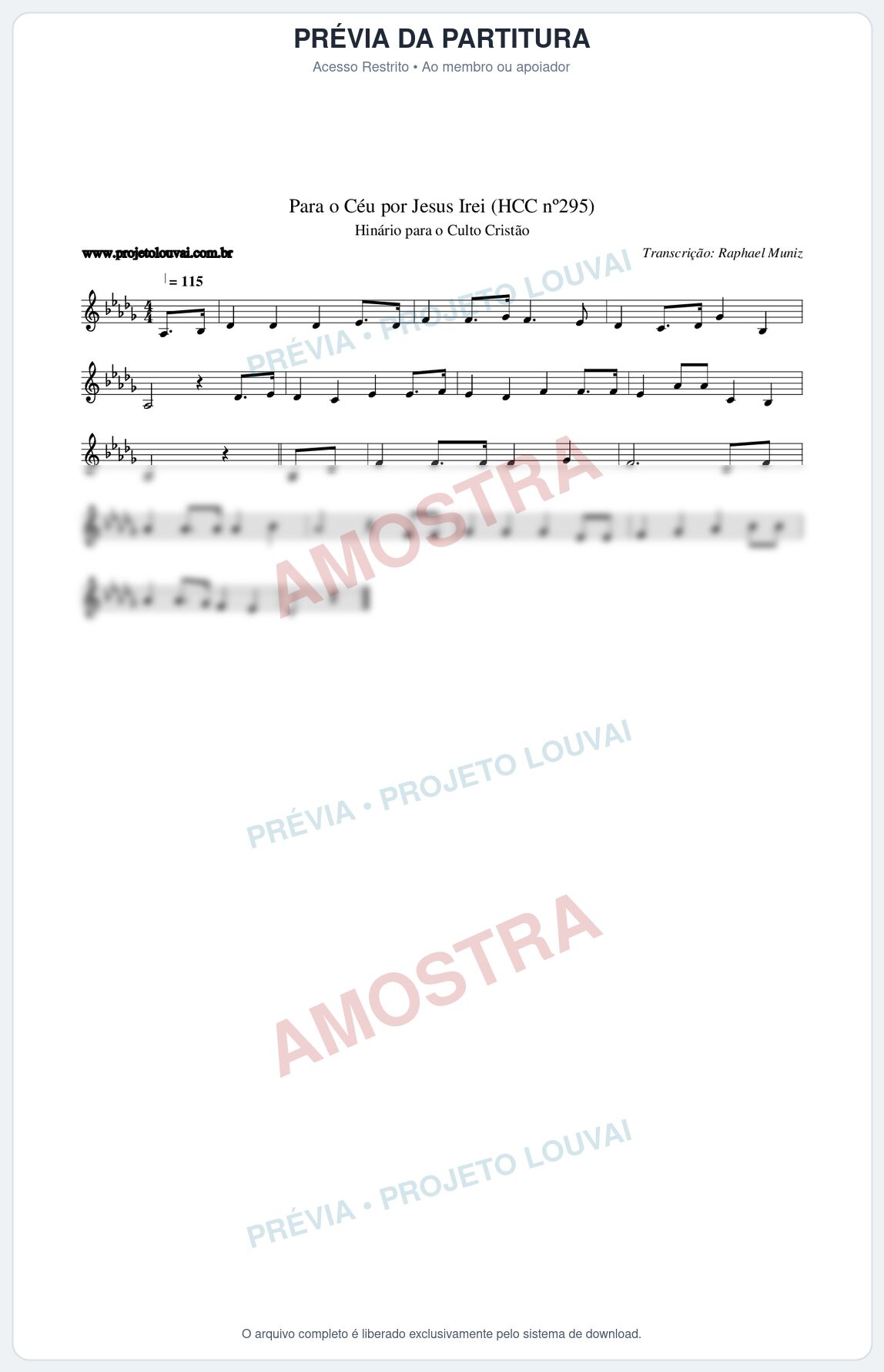 Prévia protegida da primeira página da partitura Partitura da música Para o Céu por Jesus Irei (HCC nº295) - Hinário para o Culto Cristão - Tom Db