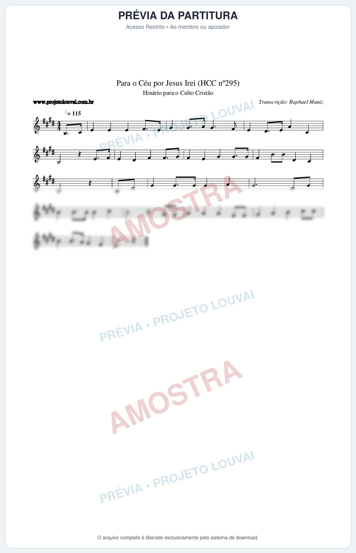 Prévia protegida da primeira página da partitura Partitura da música Para o Céu por Jesus Irei (HCC nº295) - Hinário para o Culto Cristão - Tom E