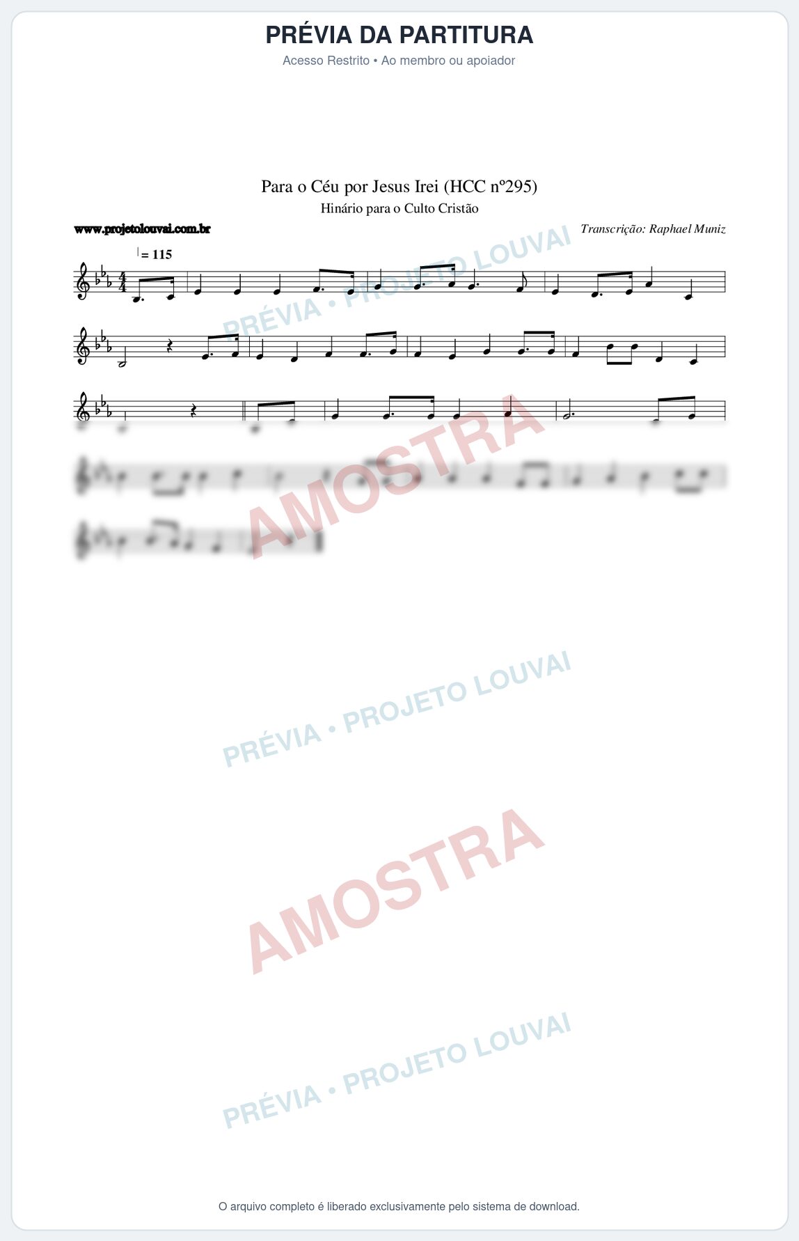 Prévia protegida da primeira página da partitura Partitura da música Para o Céu por Jesus Irei (HCC nº295) - Hinário para o Culto Cristão - Tom Eb