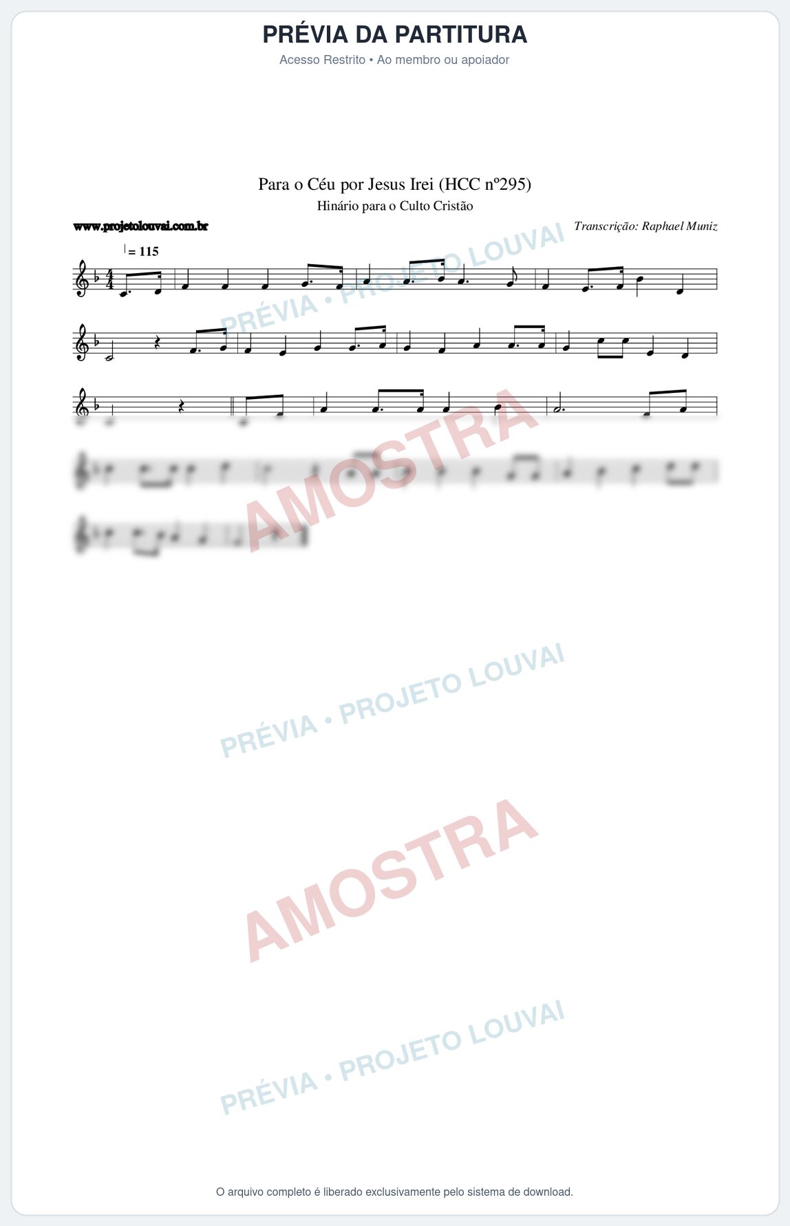 Prévia protegida da primeira página da partitura Partitura da música Para o Céu por Jesus Irei (HCC nº295) - Hinário para o Culto Cristão - Tom F