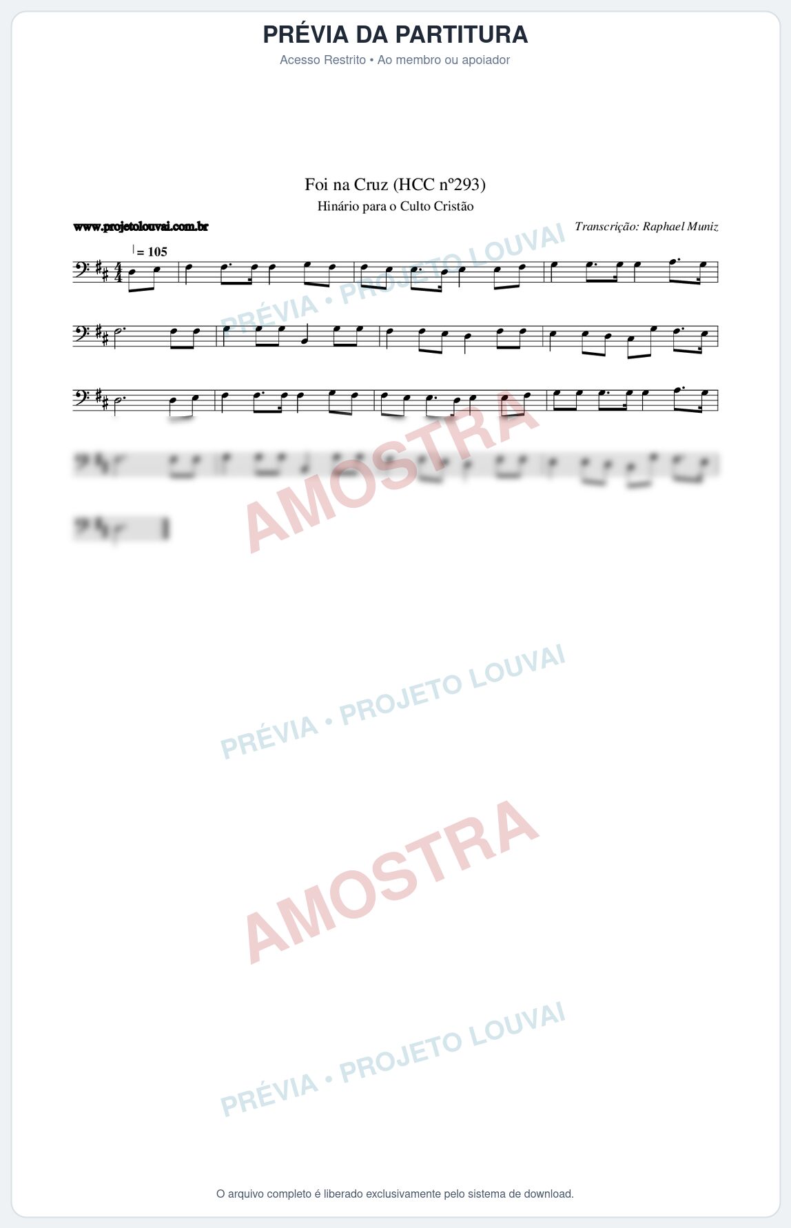 Prévia protegida da primeira página da partitura Partitura da música Foi na Cruz (HCC nº293) - Hinário para o Culto Cristão - Tom D