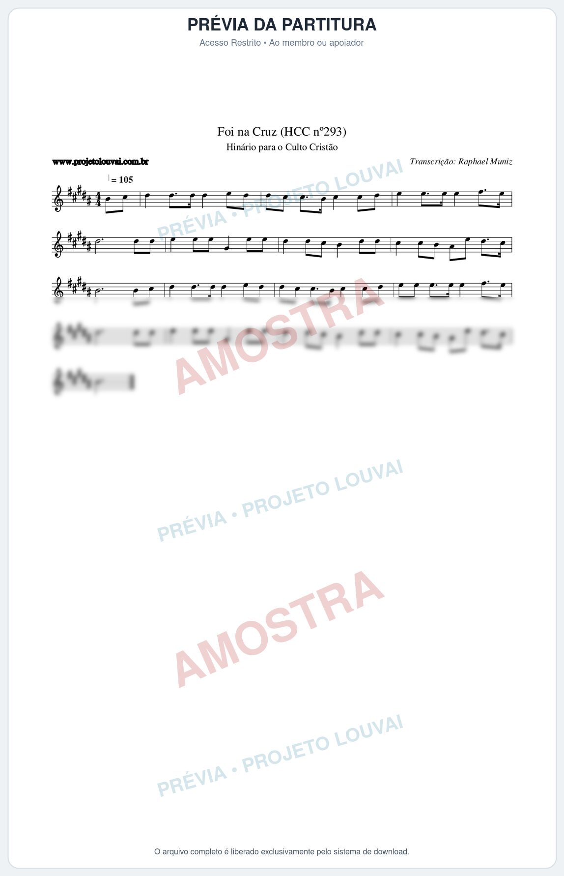 Prévia protegida da primeira página da partitura Partitura da música Foi na Cruz (HCC nº293) - Hinário para o Culto Cristão - Tom B