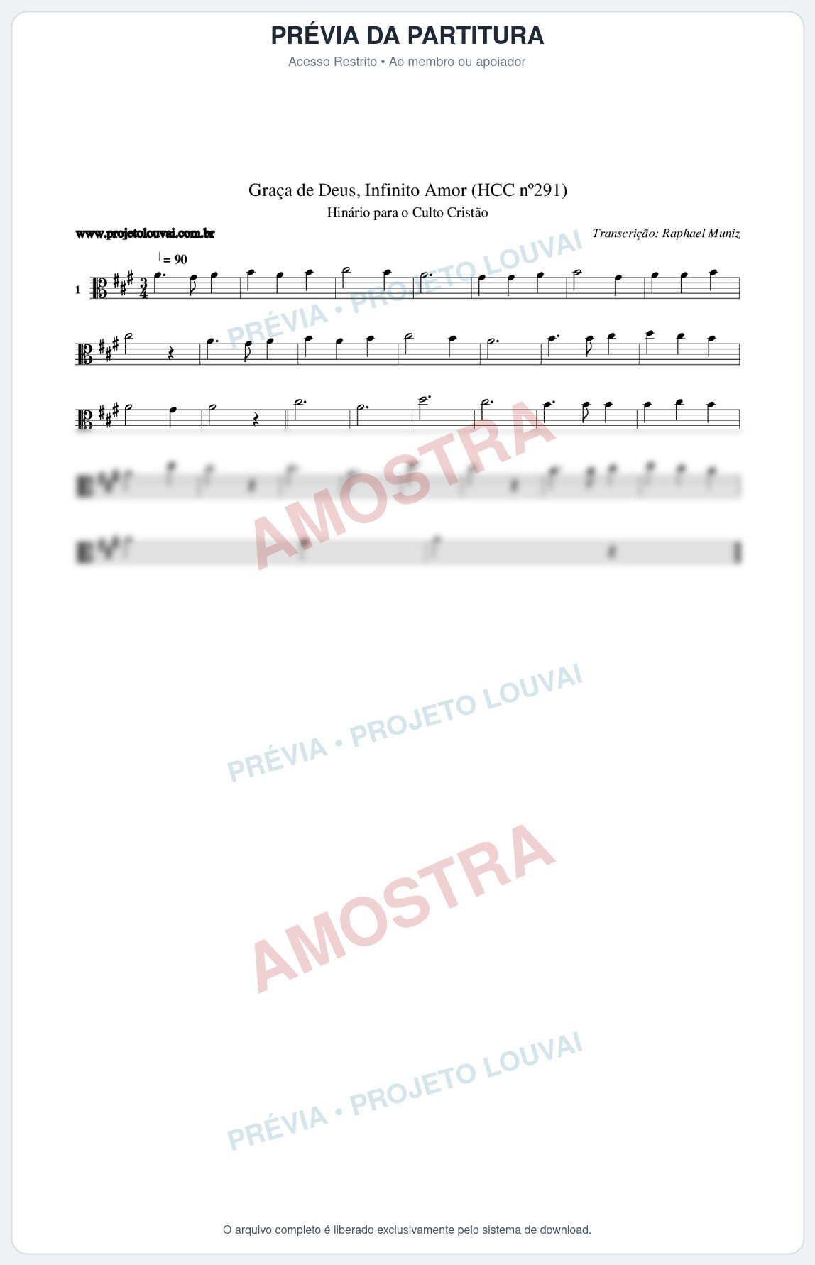 Prévia protegida da primeira página da partitura Partitura da música Graça de Deus, Infinito Amor (HCC nº291) - Hinário para o Culto Cristão - Tom A