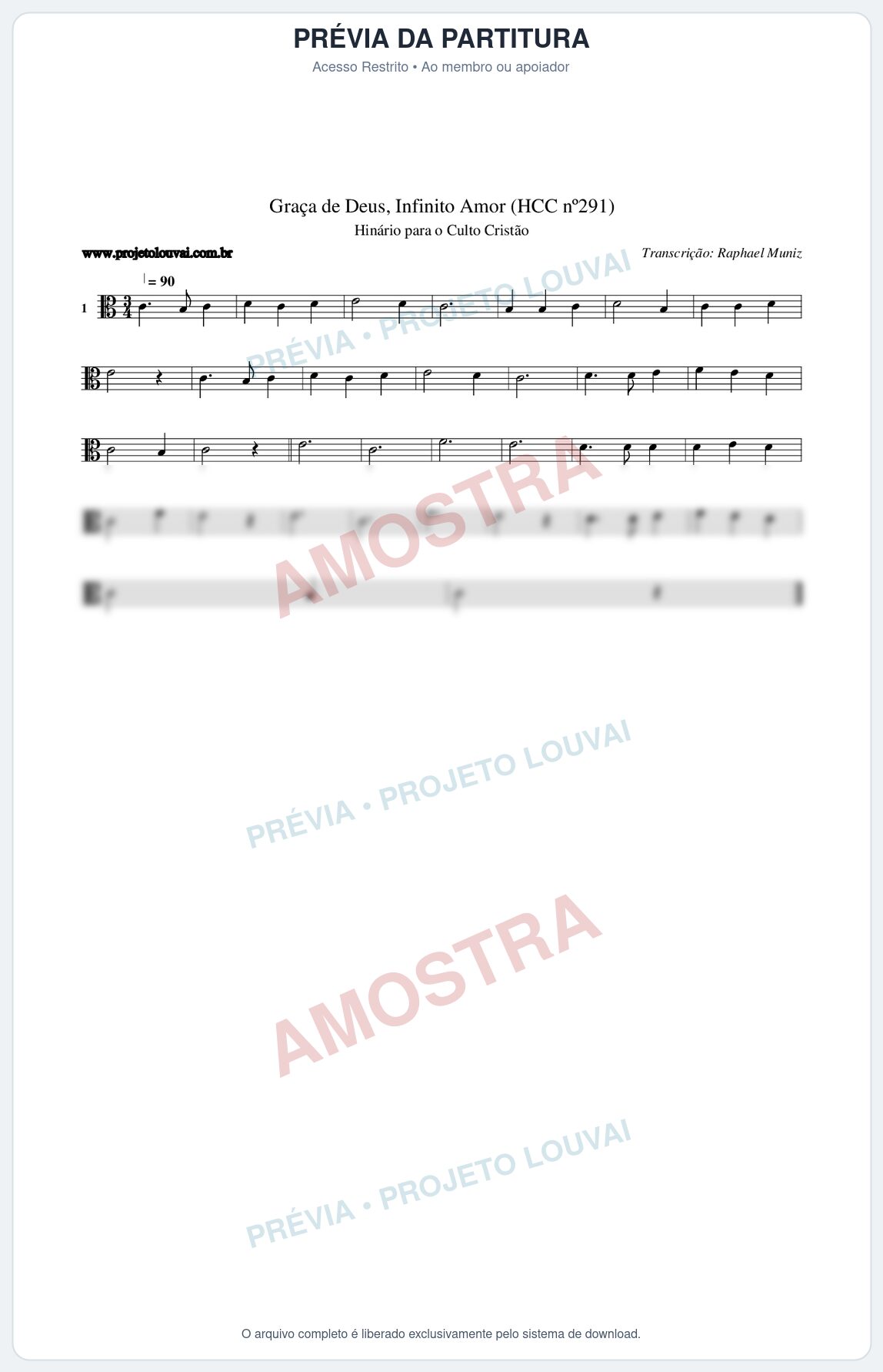 Prévia protegida da primeira página da partitura Partitura da música Graça de Deus, Infinito Amor (HCC nº291) - Hinário para o Culto Cristão - Tom C