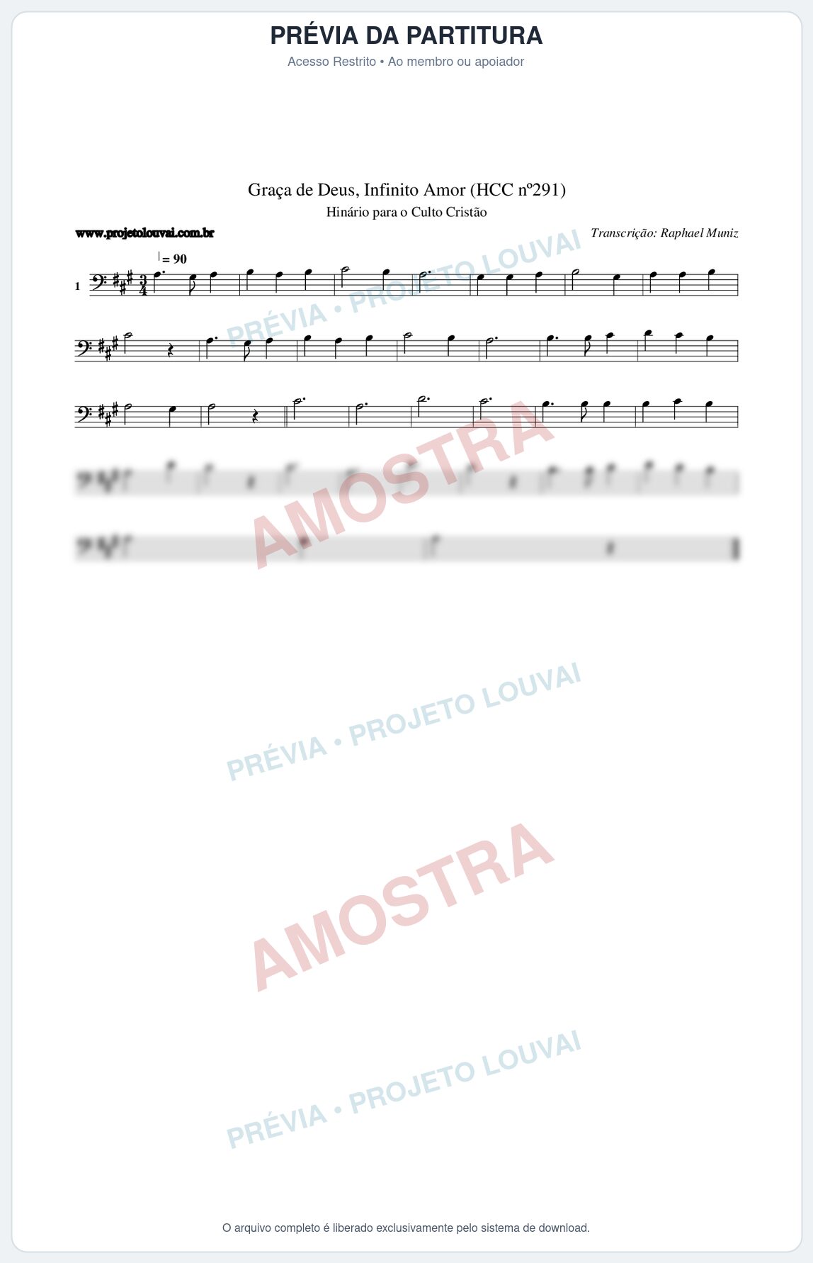 Prévia protegida da primeira página da partitura Partitura da música Graça de Deus, Infinito Amor (HCC nº291) - Hinário para o Culto Cristão - Tom A